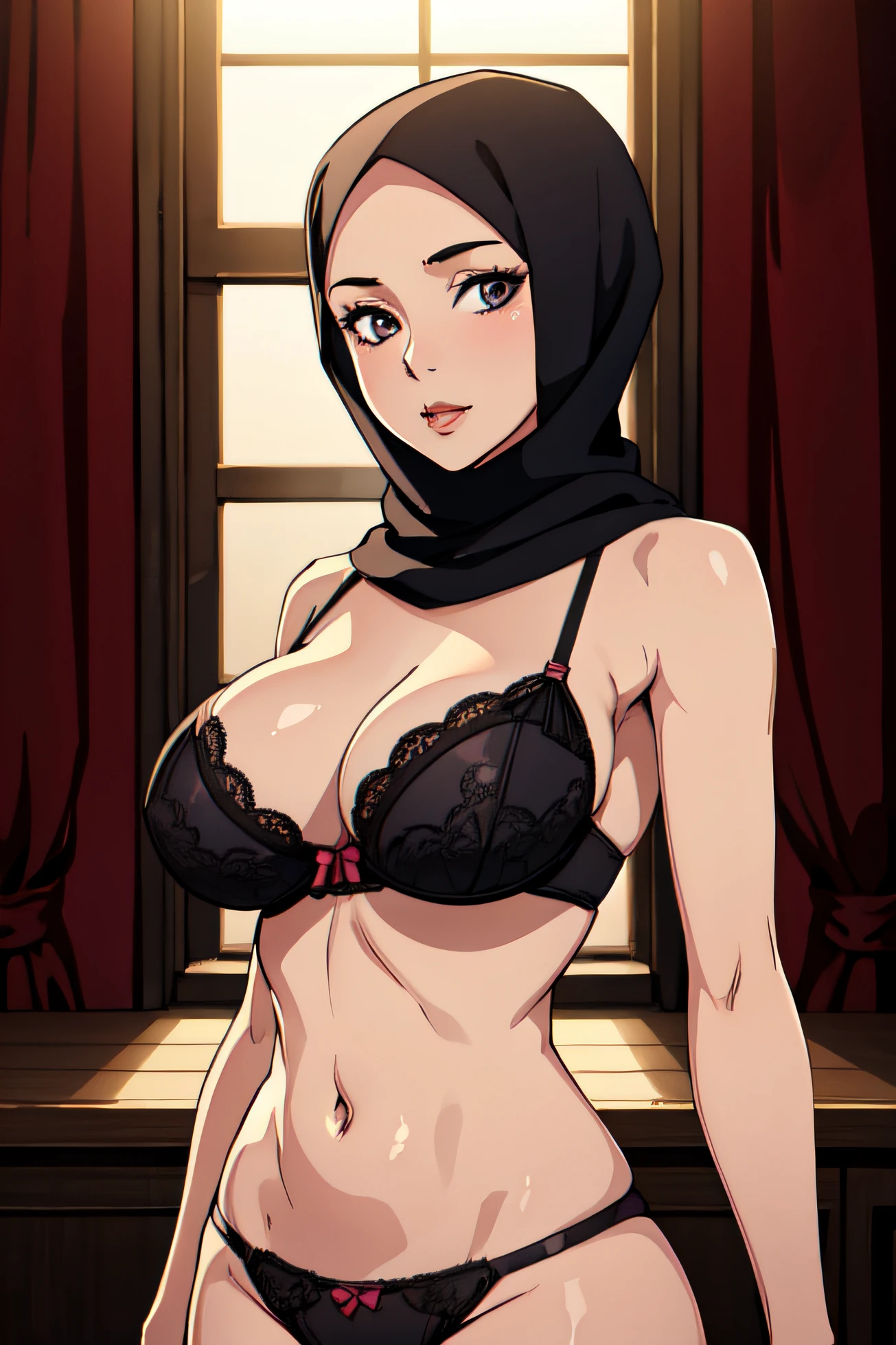 beautiful mature Malay hijabi,((slim body, visible big breasts)), seductive look, looking at viewer, seducing viewer, oiled skin, lingerie, 4k, soft lighting, detailed, high quality