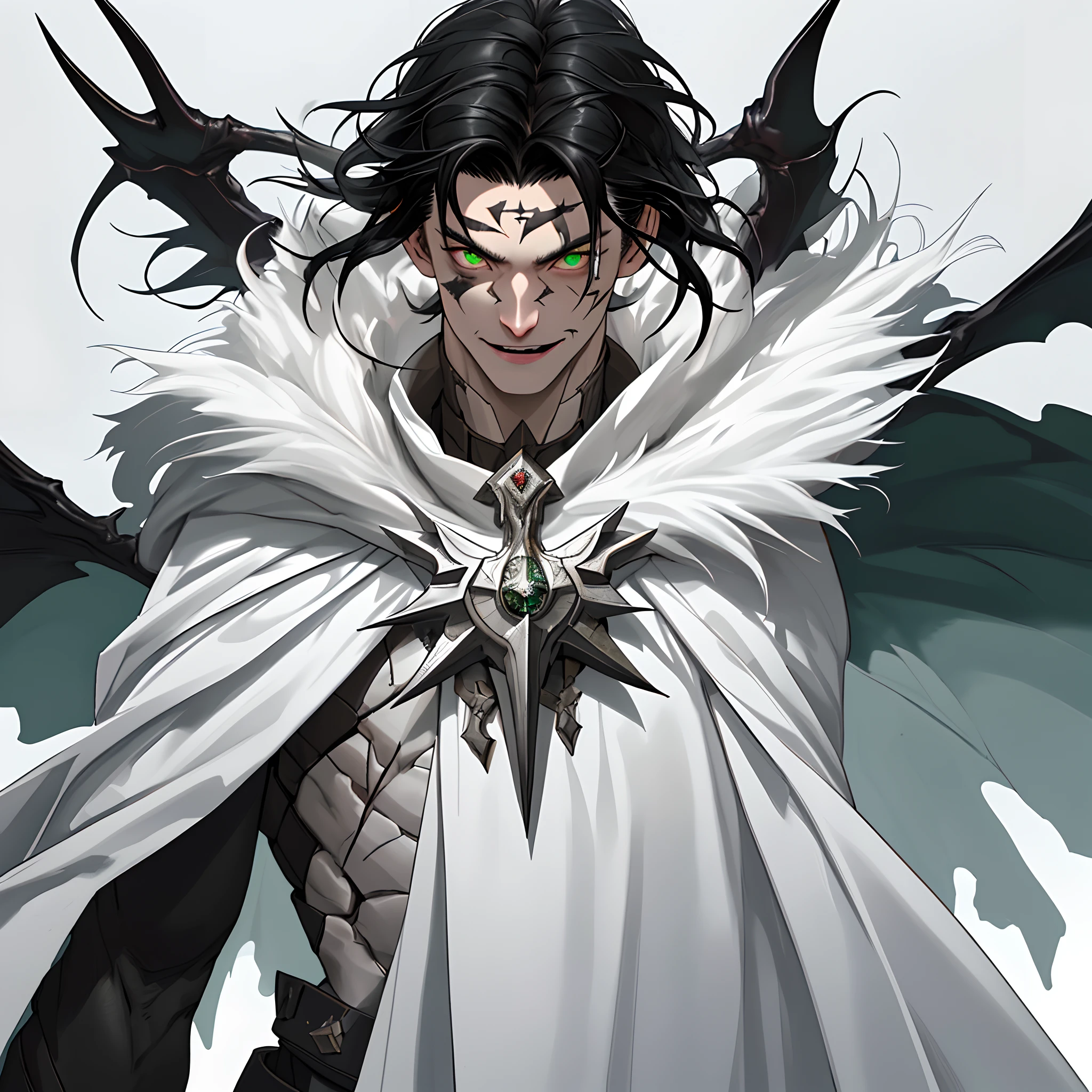 black hair, straight hair, fur, male, green eyes, male, young, white cloak, white skin, facial scar, crazy smile, mental edge, touch head, war environment, 8k, Super Detail, best quality, high quality , Super Detail, textured skin, extreme detail, Award-winning, anatomically correct, precise, master piece, Devil's Eyes, crazy,