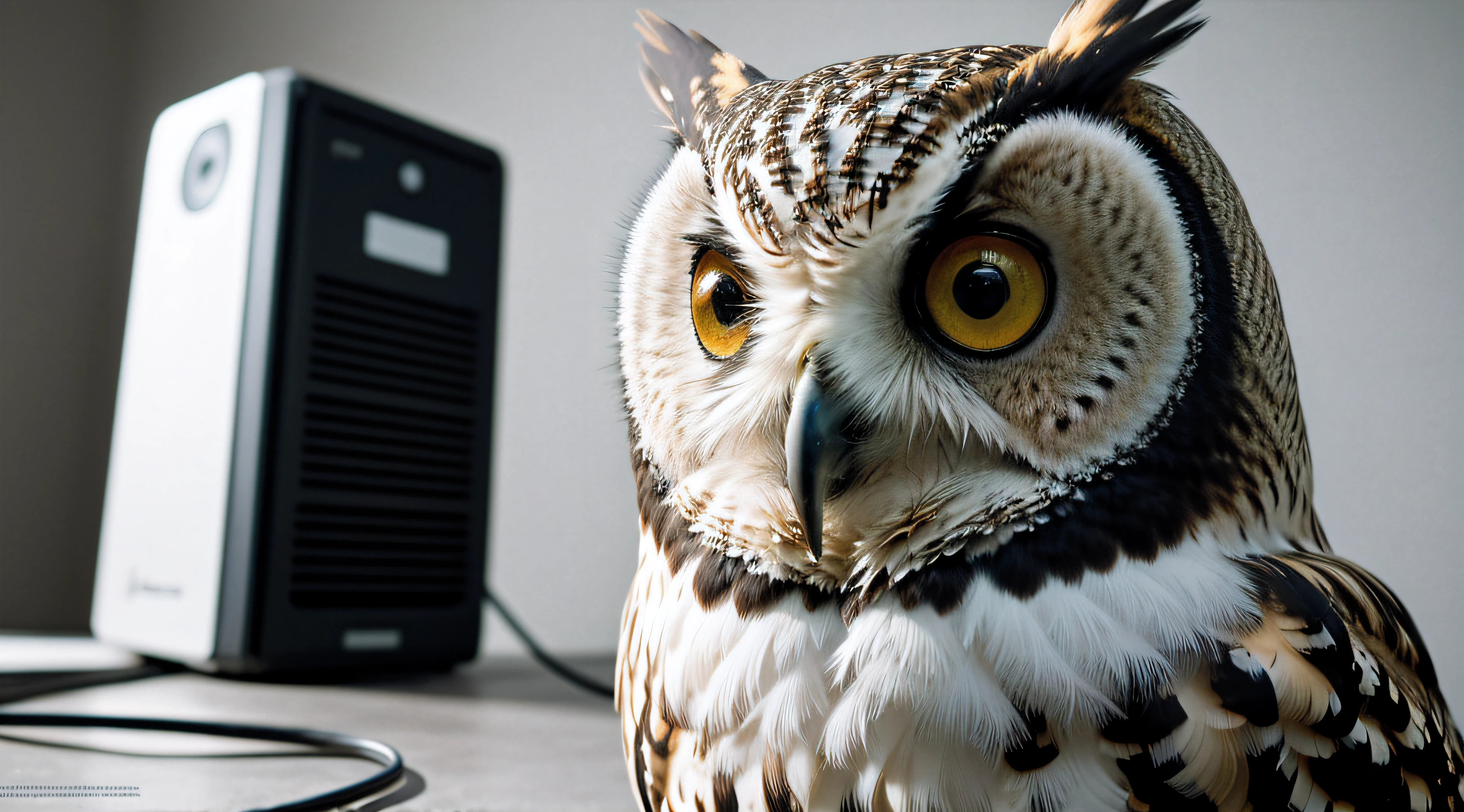 A computer wallpaper featuring an owl from the intelligence sector, Fotografia insanamente detalhada super detail, ccurate, best quality, UHD, masterpiece, ccurate, high quality, high details, Wallpapper , super detail, award winning, best quality, 16k, hiper detalhado, intrinsecamente detalhado, trending on ArtStation, terno de luxo branco, Volumetric lighting, BalenciagaStyle