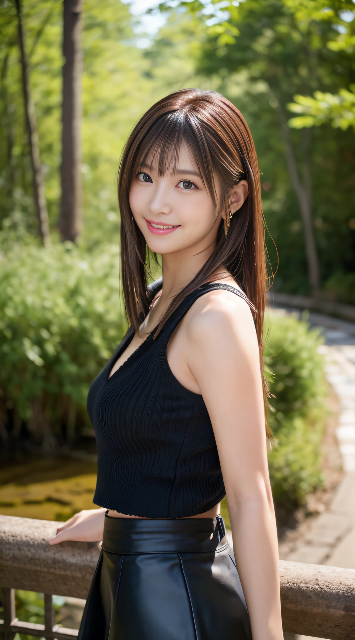 (Best Quality, masutepiece, Ultra HD: 1.3), 1womanl, (middlebreasts), light brown hair, Blunt bangs, hair behind ear, hair over shoulder, (Long hair),wetting hair,( slender body shape), (Ultra Fine Face), Delicate lips,(beautidful eyes), thin blush, The eyes are brown eyes, (Wet and shiny skin, flawless skin :1.3),鎖骨, (hide one's hands:1.5),( Black tops, Black tight skirt),(a japanese girl,hposing Gravure Idol),Smile,,bustshot,(Broad-leaved forest:1.5)