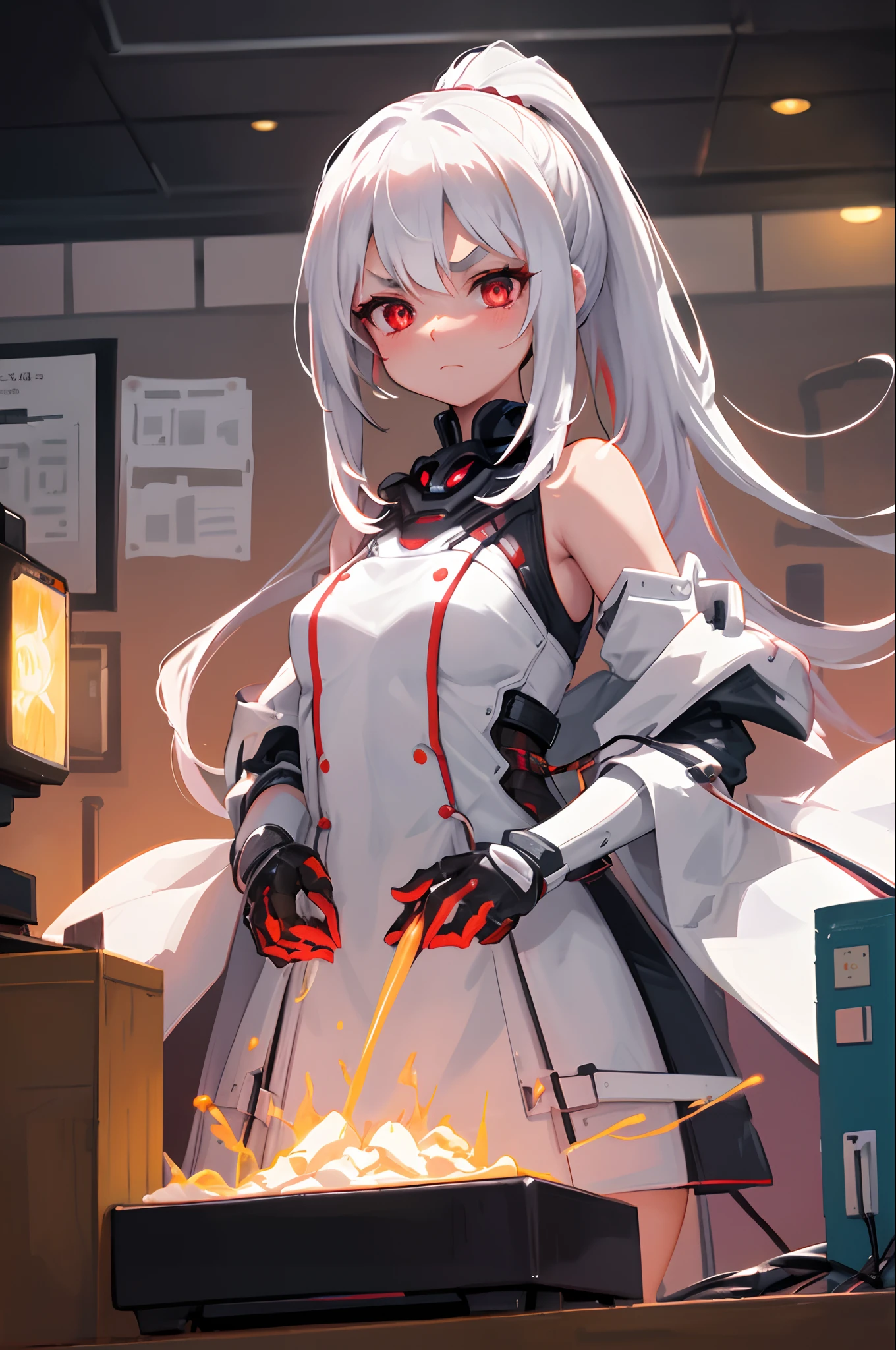 Original Character, Volumetric Lighting, Best Shadows, Shallow Depth of Field, Portrait Of Stunningly Beautiful Girl, Petite, Delicate Beautiful Attractive Face With Alluring Sharp Red Eyes, Sharp Eyebrows, Lost In Thought, Expressionless, Closed Mouth, Lovely Small Breasts, Layered Long Ponytail White Hair, Blush Eyeshadow, Thick Eyelashes, White Research Coat, In The Biopunk Laboratory, Standing Front of Computer Monitors, Standing, Flickering Light Bulb, Chemistry Equipment, Culture Tank, Electrical Wires, (Highest Quality, Amazing Details:1.25), (Solo:1.3), Brilliant Colorful Paintings