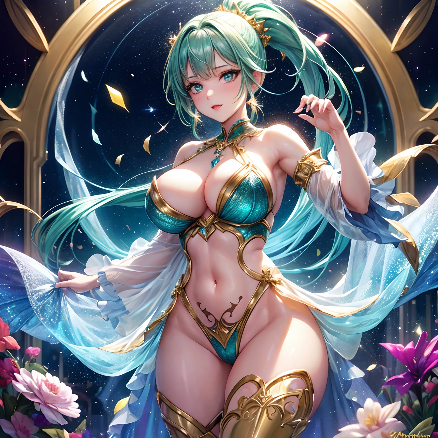 finest image, neat and beautiful young lady, amorous expression, lewd expression, ecstasy, orgasm, iridescent orange braided bangs ponytail, metallic emerald-green sparkling big eyes, red alluring moist big thick lips, huge breasts, under boobs, side boobs, abs, ass, slender, perfect proportion, long thin legs, tattoos, background fantasy iridescent light glass crystal metal-plated stained glass room, that emits fantastic light, light particles, light sparkles, scatter gold and silver glitter and confetti, iridescent light particles, many falling petals, detailed and delicate depiction, professional lighting