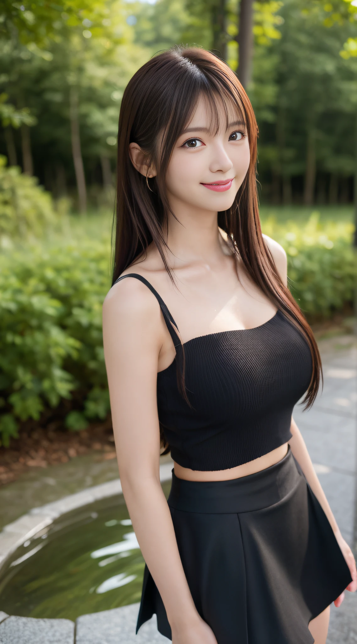 (Best Quality, masutepiece, Ultra HD: 1.3), 1womanl, （middlebreasts）, light brown hair, Blunt bangs, hair behind ear, hair over shoulder, （Long hair）,wetting hair,（ slender body shape）, （Ultra Fine Face）, Delicate lips,（beautidful eyes）, thin blush, The eyes are brown eyes, （Wet and shiny skin, flawless skin :1.3）,鎖骨, （hide one's hands:1.5）,（ Black tops, Black tight skirt),(a japanese girl,hposing Gravure Idol),Smile,,bustshot,（Broad-leaved forest:1.5）