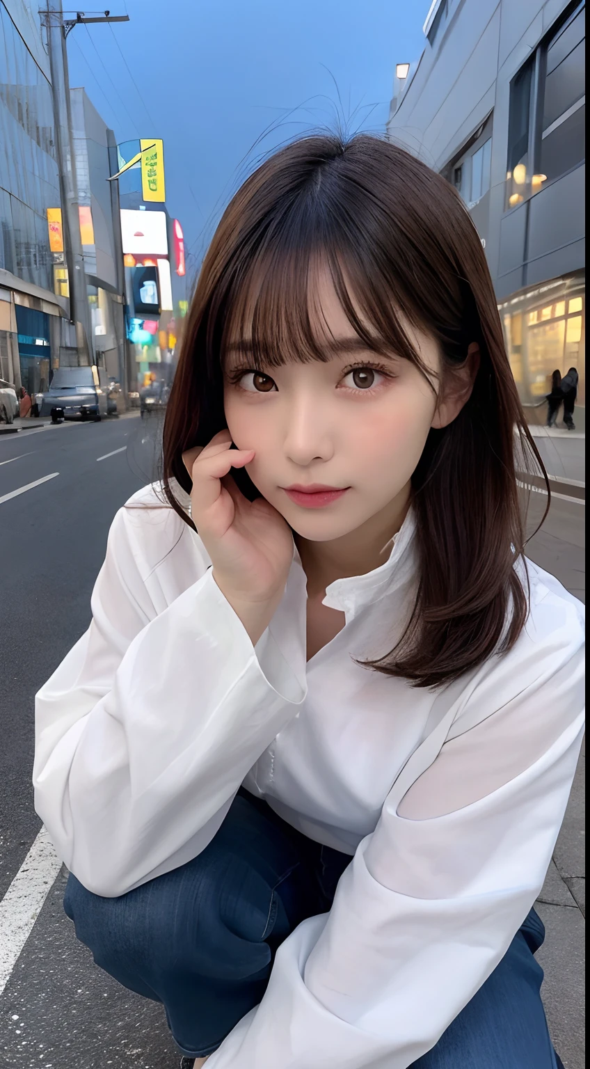 finely detail, hight resolution, hightquality、Perfect dynamic composition, Beautiful detailed eyes, Medium Hair, small tits、Natural Color Lip,Kamimei、Shibuya、20 years girl、1 persons、Transparent skin、Glowing hair、masutepiece, Best Quality, Ultra-detailed, finely detail, hight resolution, 8K、The correct state of the human body、crouching down、Gravure Model Pose,Beautiful sunset,In front of the café,beautiful ilumination,Photographed with hair fluttering in the wind,((White shirt with oversized long-sleeved collar:1.5,Don't wear pants:1.5,))
