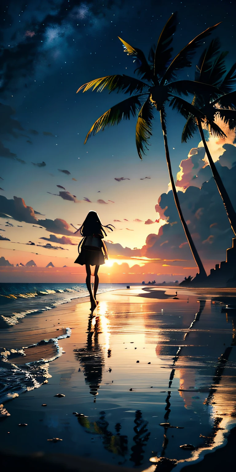 Epic Movie Poster, 1 Grandfather and 1 Black Haired Girl Walking on the Shore of the Beach, Playa, Palmeras, Hotel, cielo estrellado, Noche, cielo nocturno, solamente, al aire libre, nube, milky way, fantasy art, Jungle Decoration, 4k-resolution, 8 k resolution,Tulipanes, autumn,