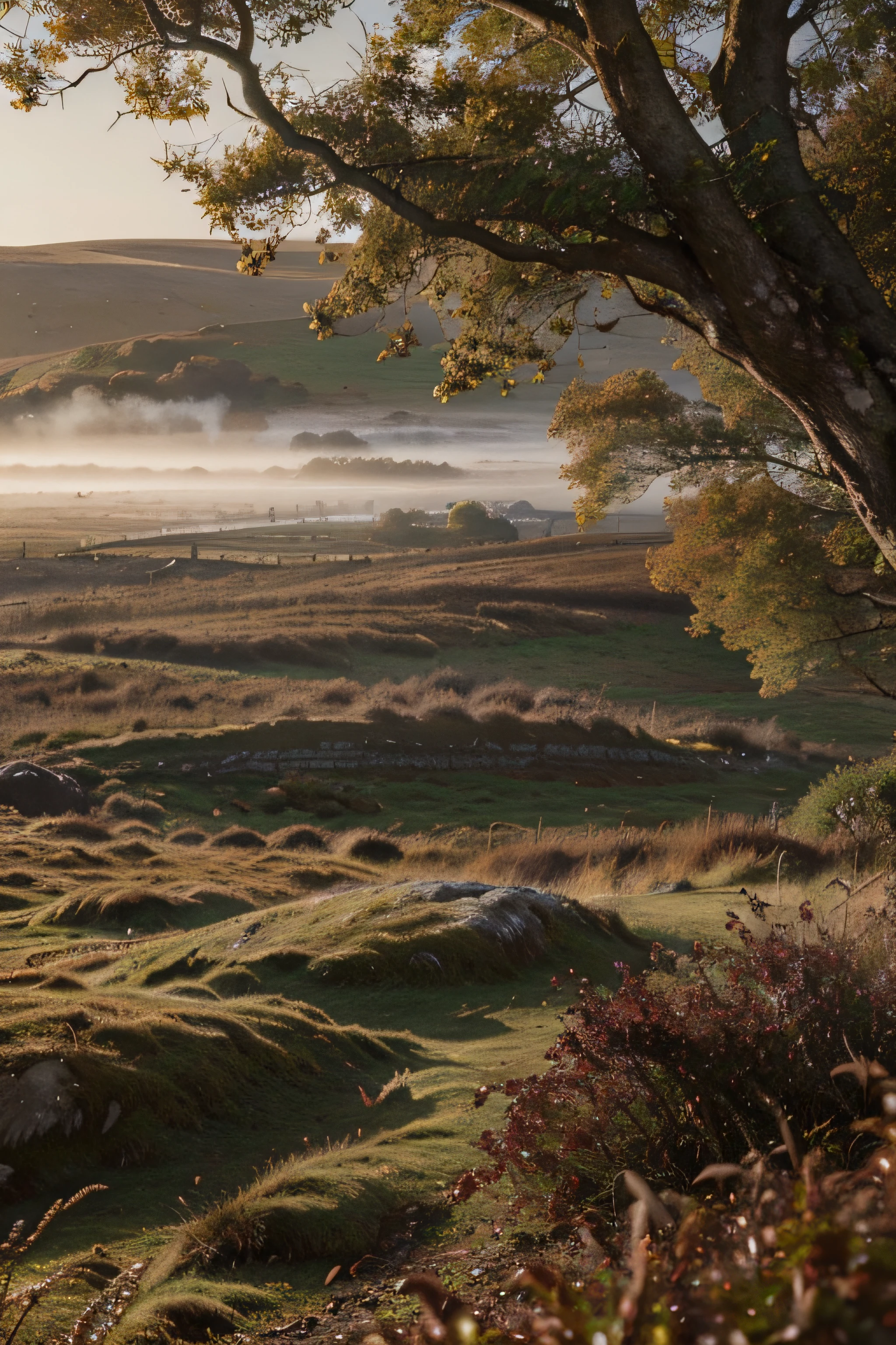 "(best quality, photorealistic: 1.2), detailed photo of Irish landscape, autumnal image, fog, dry leaves, intricate detail, nature, depth of field, cinematic effect, warm light, ."