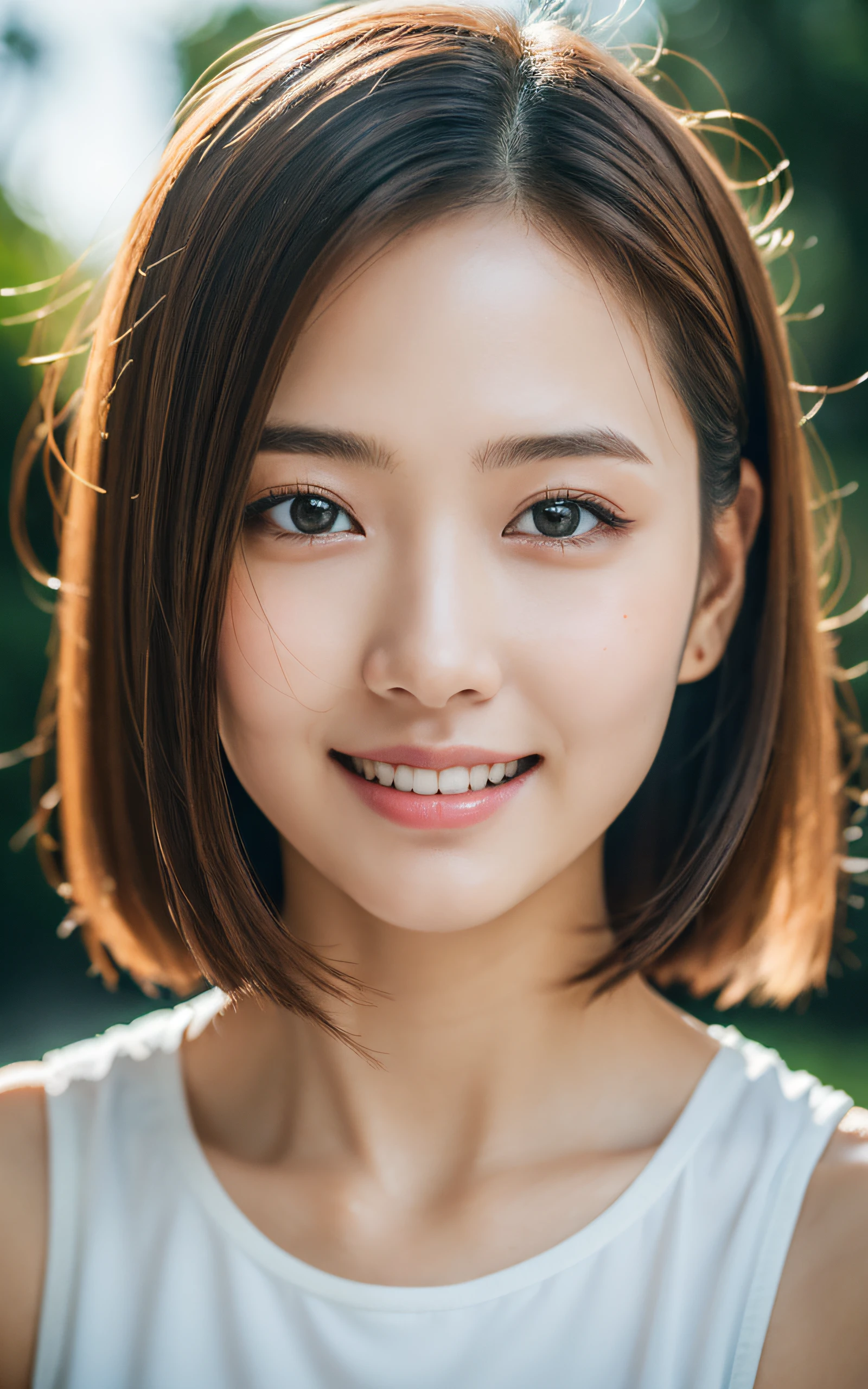 (Masterpiece:1.3), (8k, Photorealistic, RAW Photography, Best Quality: 1.4), soft light, professional lighting, 1girl, very beautiful girl, neat and clean beauty, close-up of her face, smile, Brown short hair,