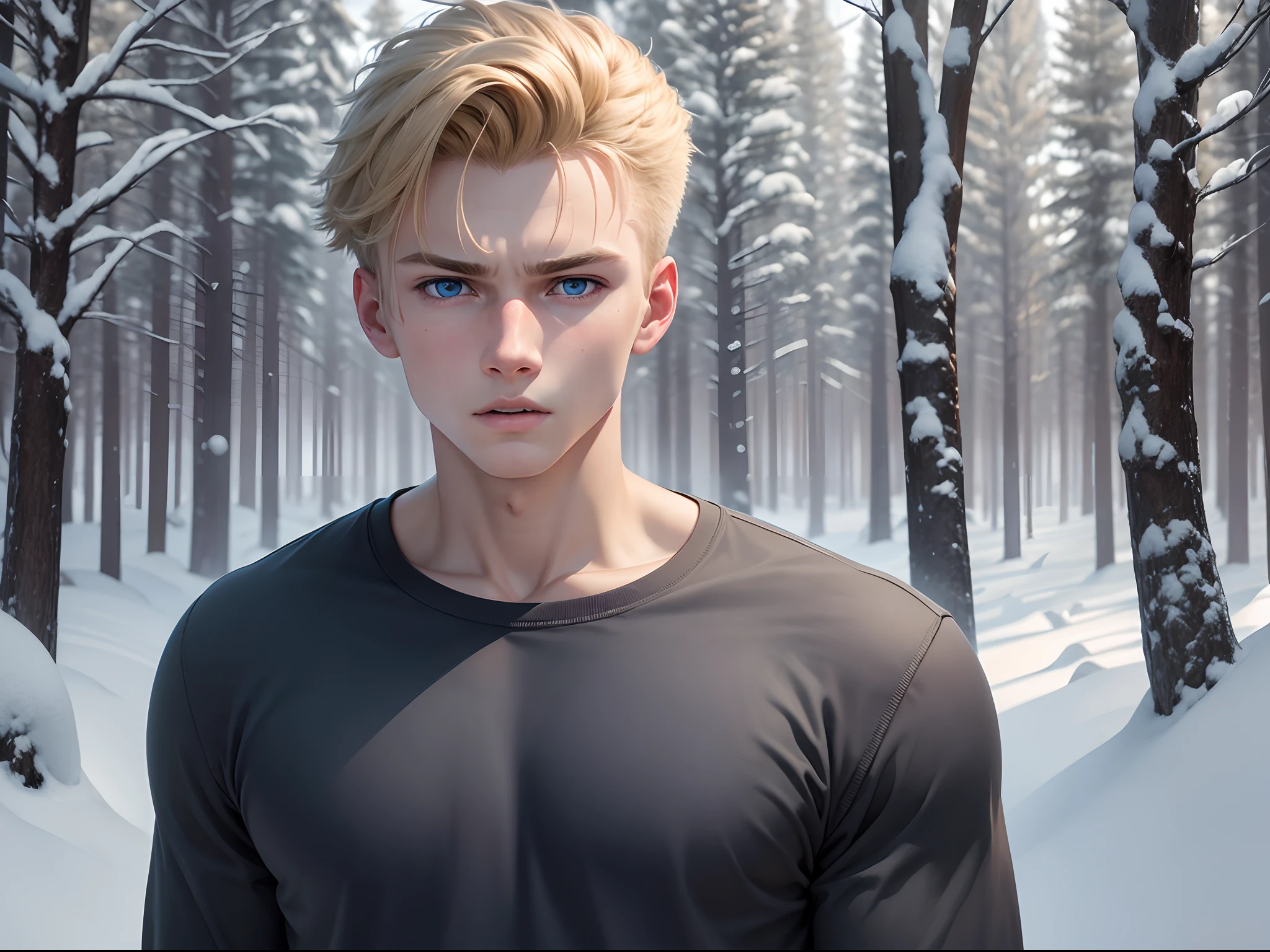 Realistic, 8k image of a 15-year-old young man, blond, strong, short hair combed back, blue eyes, square chin, dressed in a casual gray shirt, scared expression, in a clearing in a snow-covered forest, art style anime