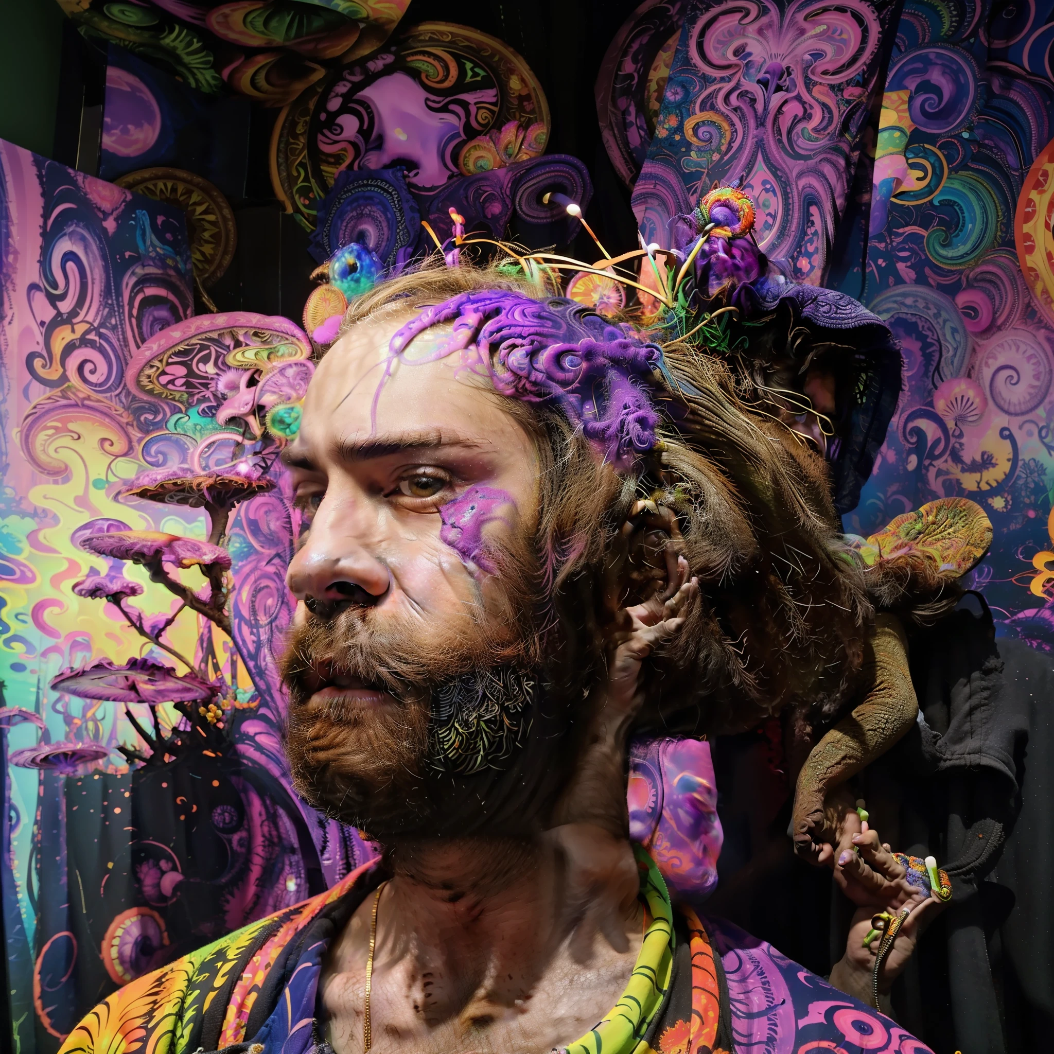 An otherworldly birthday celebration: a man surrounded by psychedelic decorations as his head transforms into a portal of vibrant colors and swirling patterns. Trippy, mesmerizing, surreal, mind-bending, kaleidoscope. Inspired by Salvador Dali and Yayoi Kusama. Cinematic view, unreal engine 5, vibrant visuals.