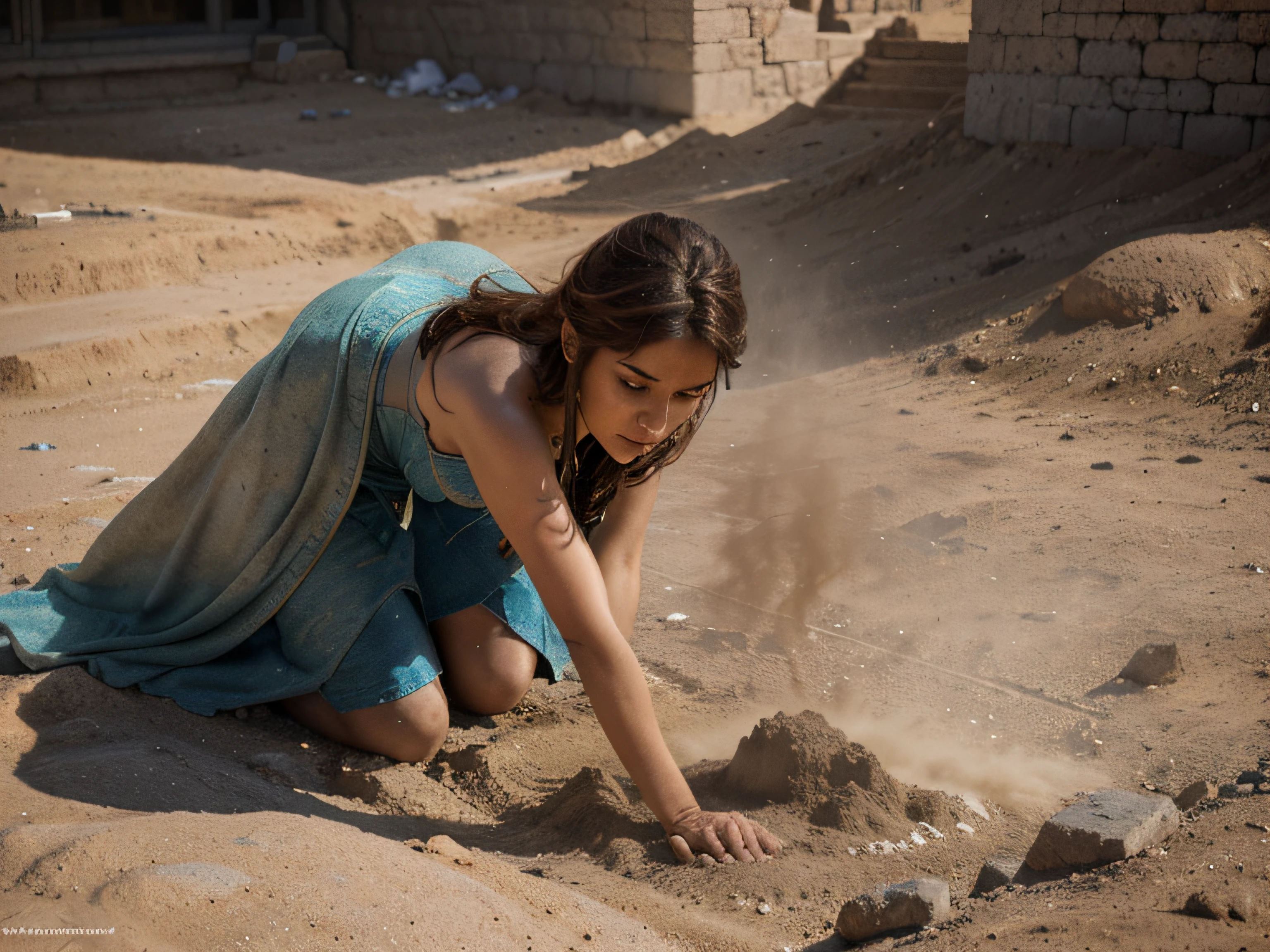 she is a gorgeous woman-like being created out stone ((she is coming out from the ground), dust dances around the character, by Vladimir Matyukhin, RAW, intricate, vibrant colors,(((facing viewer)))