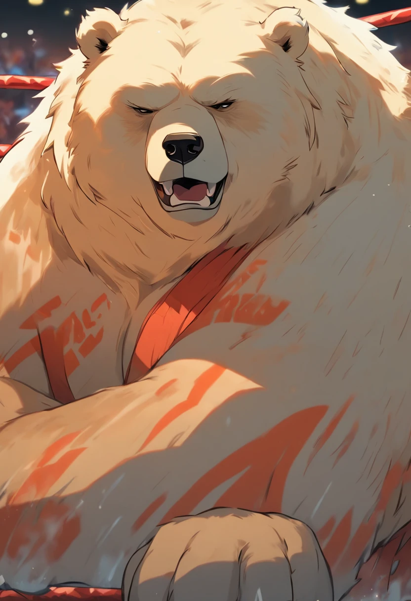 chubby muscular fluffy polar bear with a gray beard huge eyebrows and huge fangs and huge upperbody wearing wrestling trunks while sweaty and tired and resting on the corner of the wrestling ring in pain