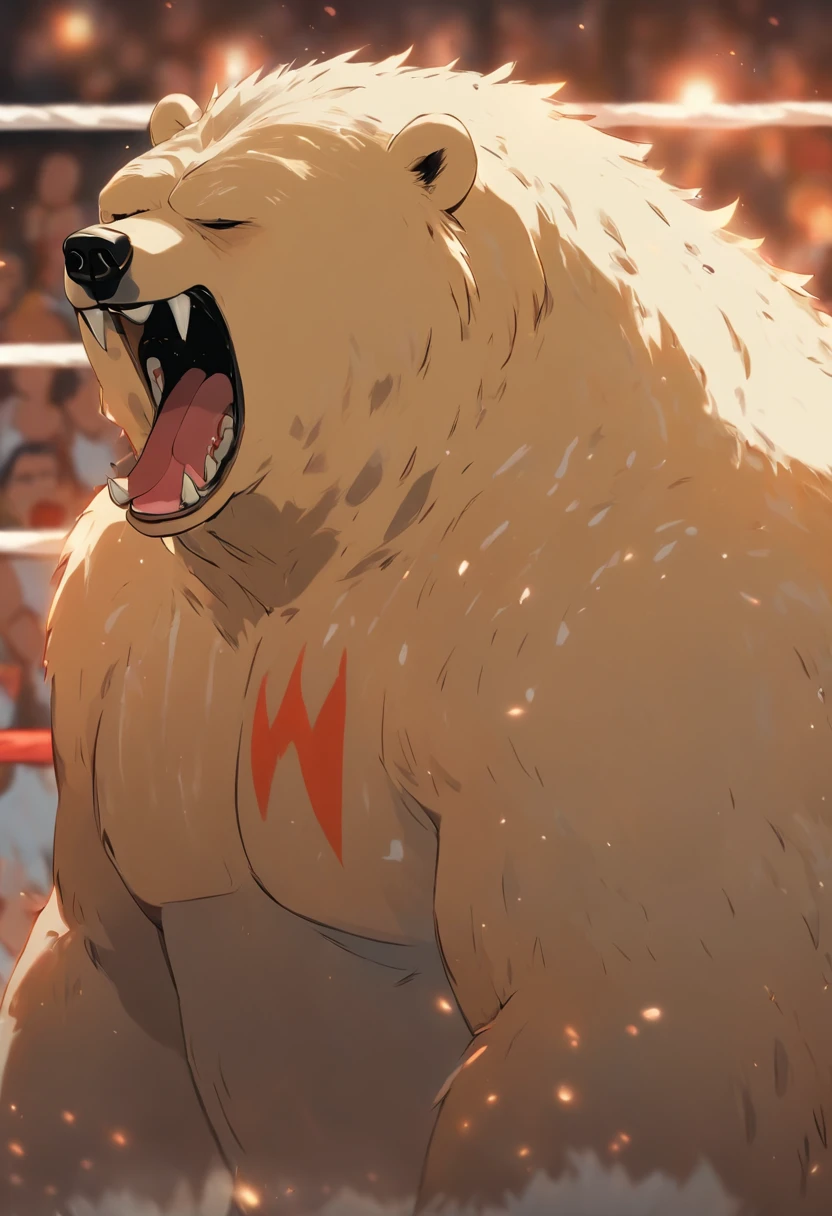 chubby muscular fluffy polar bear with a gray beard huge eyebrows and huge fangs and huge upperbody wearing wrestling trunks while sweaty and tired and resting on the corner of the wrestling ring in pain