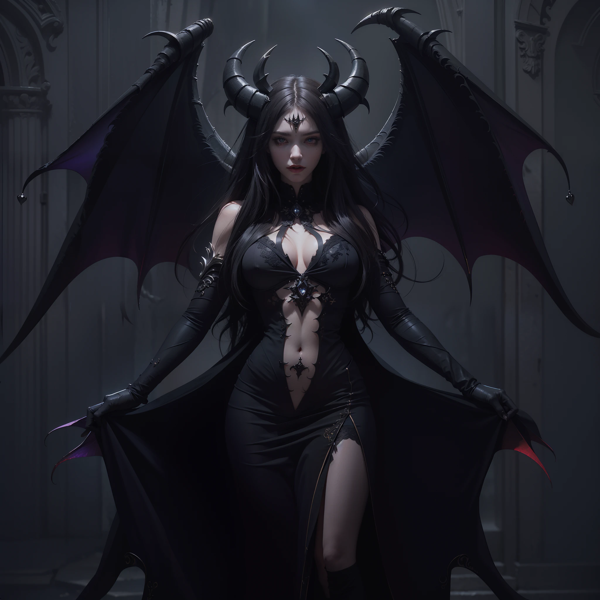 Beautiful full body photograph of perfect ((demonic Succubus)), slender body, ((big heavy breasts)), shapeless long hair, tiny horns, (wearing revealing gothic outfit), perfect features, abstract beauty, near perfection, pure form, ((dynamic pose)), ethereal demonic background, ((dark shadows)), ((rim lighting)), concept art by Greg Rutkowski and John William Waterhouse and Alphonse Mucha, stunning details, intricate details, 8k post-production, High resolution, super details, trending on ArtStation, sharp focus, depth of field f/1.8, studio photo.