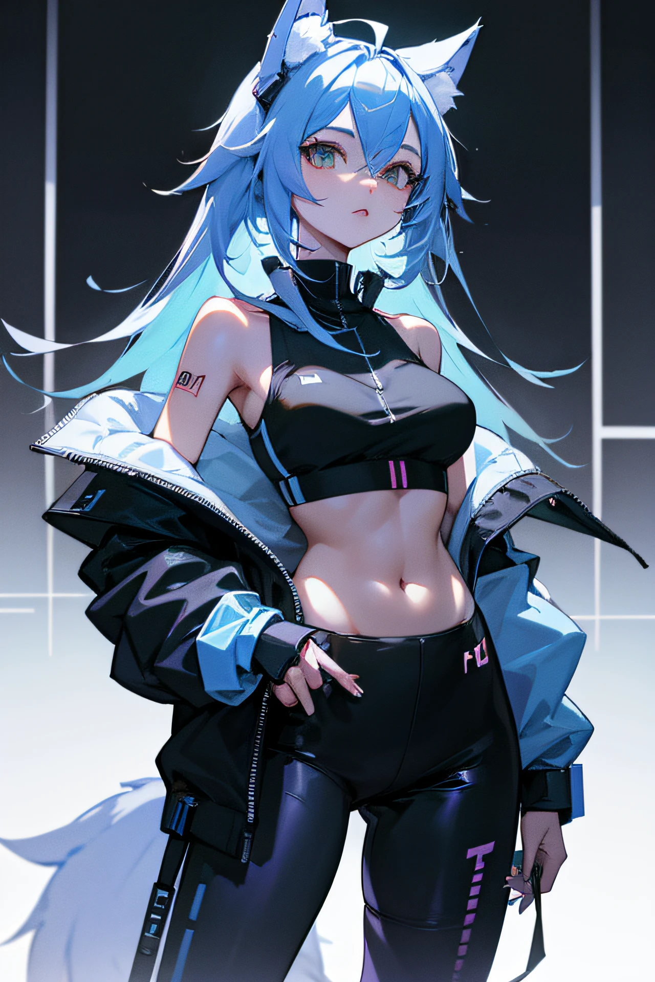 A futuristic vocaloid inspired wolf girl. She is wearing a y2k inspired outfit and a white and black sports bra with futuristic elements. Her main color is a light purple with an accent of light blue.