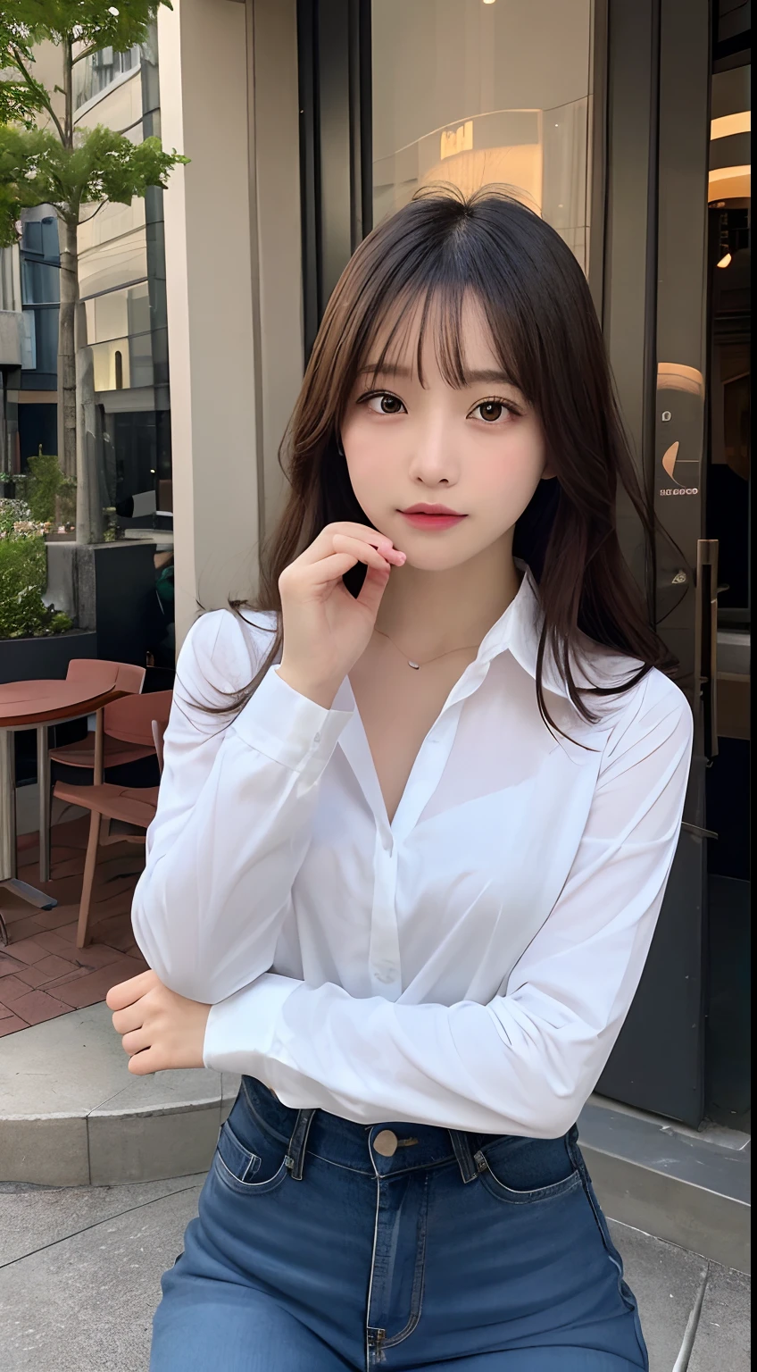 finely detail, hight resolution, hightquality、Perfect dynamic composition, Beautiful detailed eyes, Medium Hair, small tits、Natural Color Lip,Kamimei、Shibuya、20 years girl、1 persons、Transparent skin、Glowing hair、masutepiece, Best Quality, Ultra-detailed, finely detail, hight resolution, 8K、The correct state of the human body、crouching down、Gravure Model Pose,Beautiful sunset,In front of the café,beautiful ilumination,Photographed with hair fluttering in the wind,((White shirt with long sleeve collar:1.5,The chest is open,Don't wear pants:1.5,))
