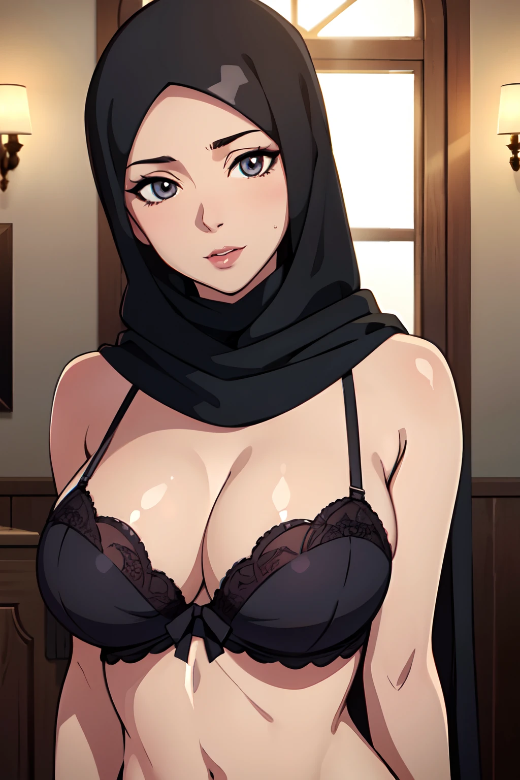 beautiful mature Malay hijabi,((slim body, visible big breasts)), seductive look, (looking at viewer:1.2), (seducing viewer:1.2), (oiled skin:1.25), lingerie, 4k, soft lighting, detailed, high quality