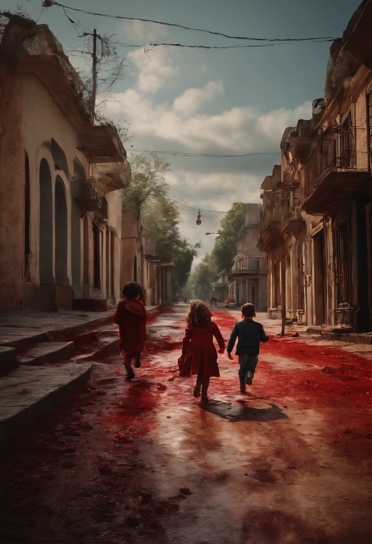 Guerra, blood on the ground, children running, Elderly people on the sidewalk of the city