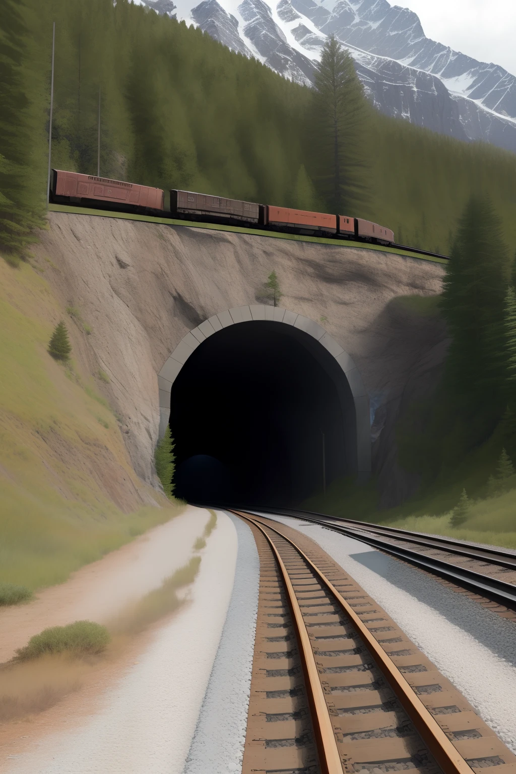 Grey weather，Railroad tracks in the wilderness，A tunnel that extends to the foot of the mountain