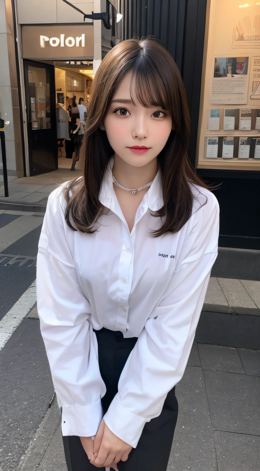 Tabletop, Highest quality, shape, Very detailed, finely, High resolution, 8k wallpaper, 完璧なダイナミックな構shape, Beautiful and exquisite, Medium Hair, Small breasts, Natural color lip, Random sexy poses,smile,20-year-old girl、Midnight、Beautiful and elaborate face、Perfect and beautiful face,Big eyes、RAW Photos、A feminine pose using the whole body、Beautiful and exquisite、Japanese office lady style、White shirt and mini skirt、Remove up to the second button、Tight face and figure,Beautiful golden ratio face,Twin ponytail