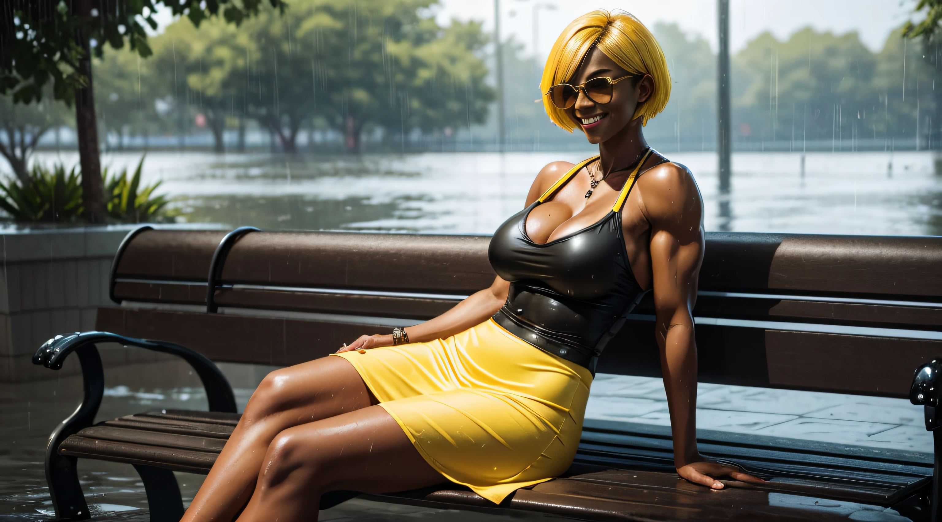 very huge breasts, dark skin, yellow hair, short hair, Happy smile, realistic and detailed hands, realistic and detailed face, realistic and detailed tooth, realistic and detailed foots, realistic and detailed face, full body image, aviator sunglasses, park, sitting on bench, yellow short dress, extremely muscle, heavy rain, skin and clothes wet.