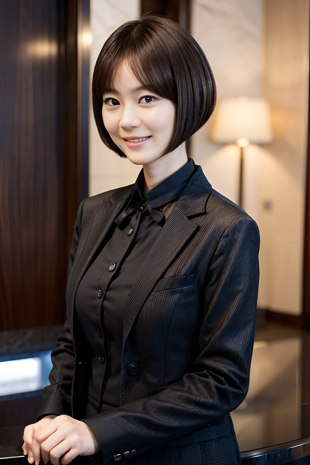 50
(19-year-old woman), (A hyper-realistic), (masutepiece), Short bob cut, Concierge at the hotel reception, kindly smile