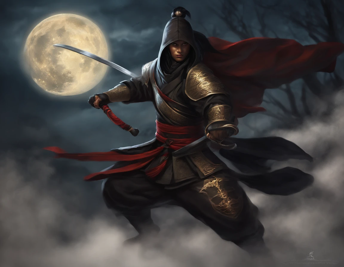Create an image that is themed around the ninjutsu mechanics of Magic The Gatering, The image should contain the main ninjas of the mechanics, incluindo a Yuriko, a Sombra do Tigre, Higure o Vento Sereno, Nashi, Heir of the Moon Sage and the Shadow of a Thousand Faces. The image must be created in landscape orientation so that it can be used in a playmat