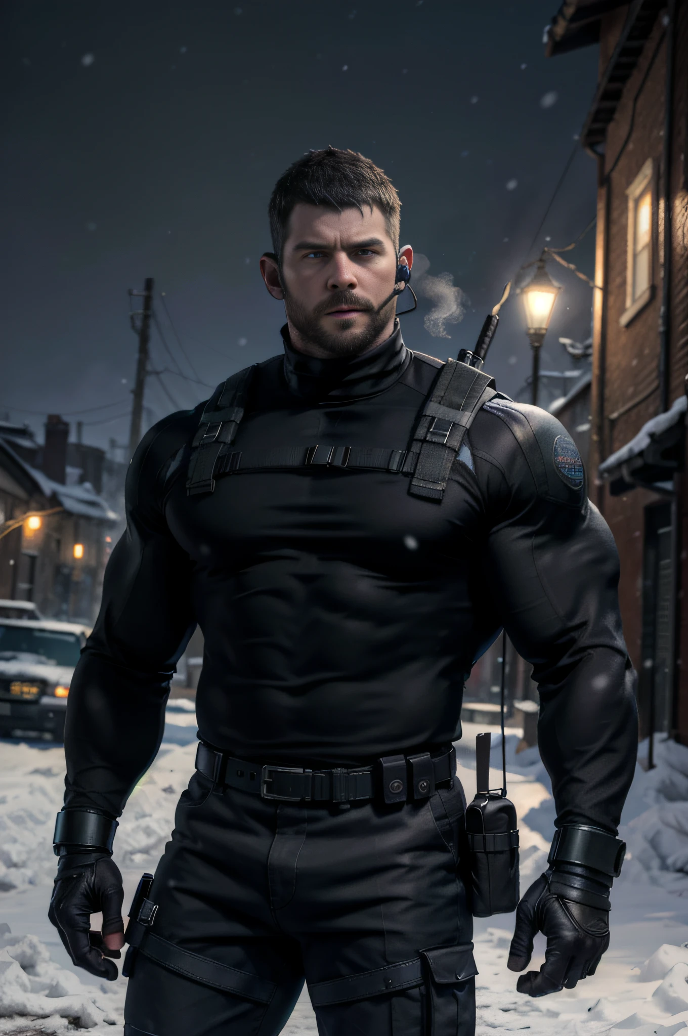 Dark gothic village in the background, old Chris Redfield from Resident Evil 8, 48 year old, muscular male, tall and hunk, biceps, abs, chest, all black cold turtleneck shirt, long sleeves, black trousers, shoulder holster, earpiece, belt, thick beard, cold face, cigarette in mouth, smoke, video games style, high resolution:1.2, best quality, masterpiece, dark nightime, dark atmosphere, winter, snowing, shadow, upper body shot