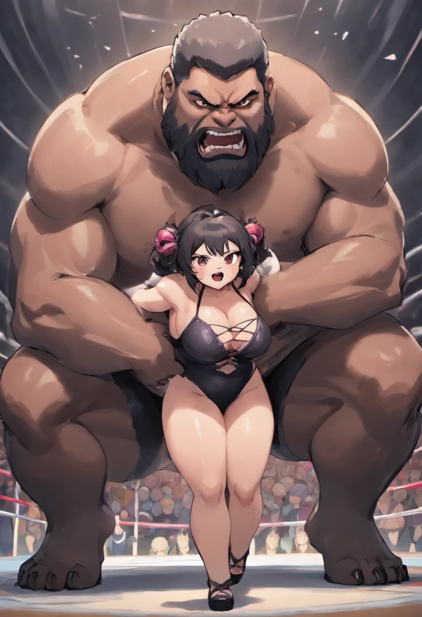 chubby muscular man bear with a gray beard huge eyebrows and huge fangs and huge upperbody wearing black wrestling tights while humiliating another chubby muscular man bear with a gray beard huge eyebrows and huge fangs and huge upperbody wearing black wrestling tights in the wrestling ring