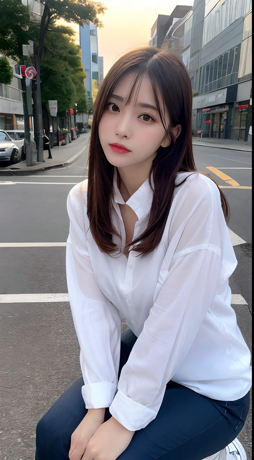 finely detail, hight resolution, hightquality、Perfect dynamic composition, Beautiful detailed eyes, Medium Hair, small tits、Natural Color Lip,Kamimei、Shibuya、20 years girl、1 persons、Transparent skin、Glowing hair、masutepiece, Best Quality, Ultra-detailed, finely detail, hight resolution, 8K、The correct state of the human body、crouching down、Gravure Model Pose,Beautiful sunset,In front of the café,beautiful ilumination,Photographed with hair fluttering in the wind,((White shirt with oversized long sleeve collar:1.5,Don't wear pants:1.5,))
