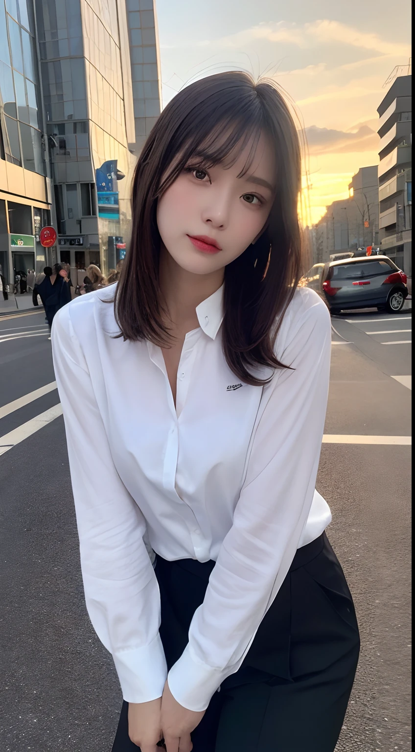 finely detail, hight resolution, hightquality、Perfect dynamic composition, Beautiful detailed eyes, Medium Hair, small tits、Natural Color Lip,Kamimei、Shibuya、20 years girl、1 persons、Transparent skin、Glowing hair、masutepiece, Best Quality, Ultra-detailed, finely detail, hight resolution, 8K、The correct state of the human body、crouching down、Gravure Model Pose,Beautiful sunset,In front of the café,beautiful ilumination,Photographed with hair fluttering in the wind,((White shirt with oversized long sleeve collar:1.5,Don't wear pants:1.5,))