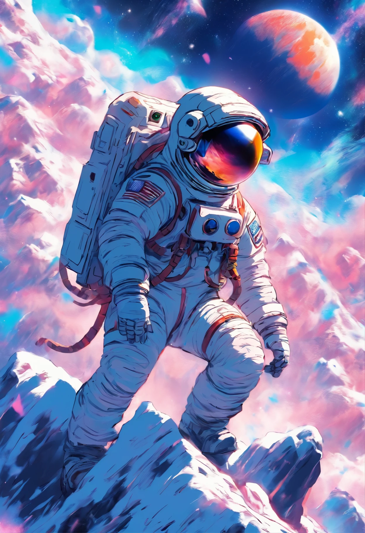 （Astronaut struggling to climb creative poster on snowy mountain）, （struggling：1.0），（climbing mountain：1.2），（Background with：This is a planet）, lonely astronaut, detailed astronaut, fully space suited, In space（on moon;1.37）, key art, inspired by Yoshihiko Wada, Official poster, character poster, promotional poster art, promotional movie poster,