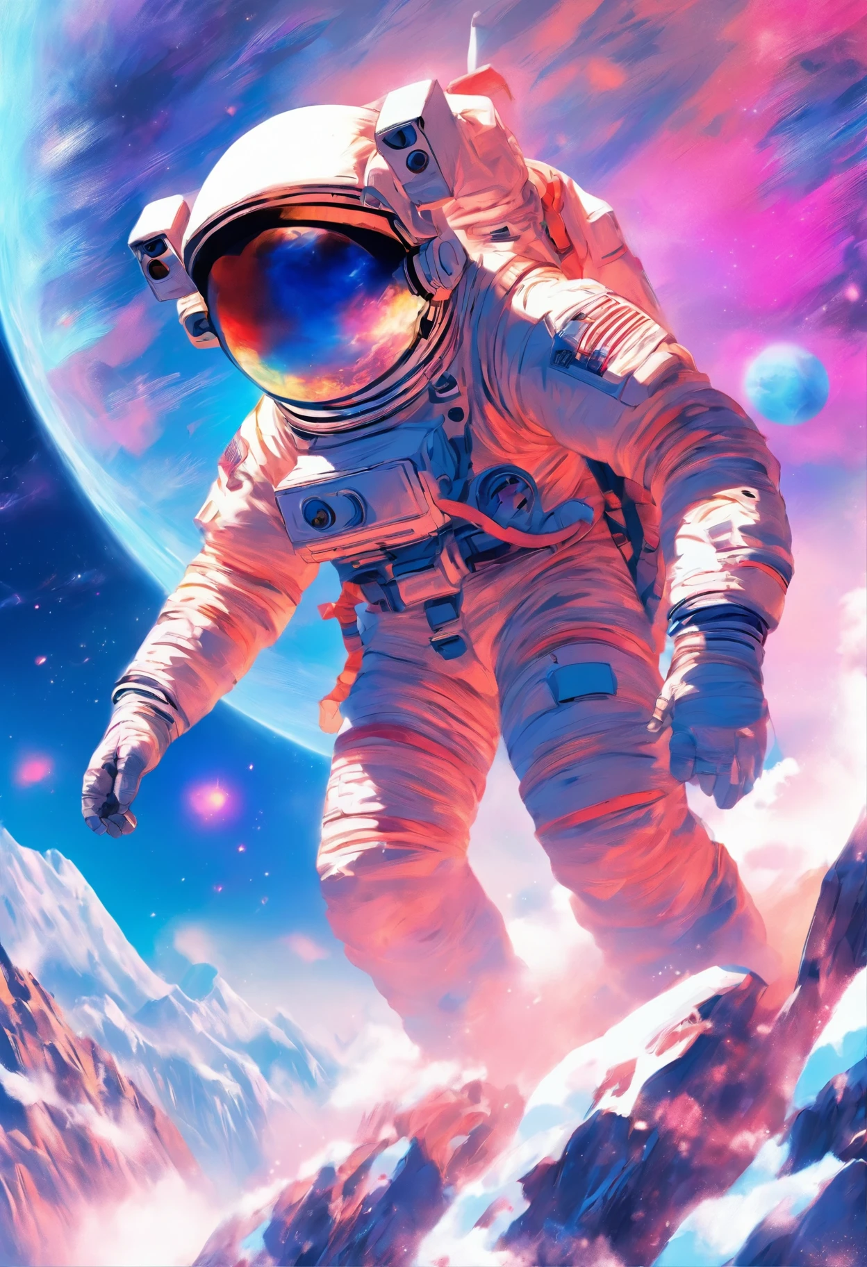 (Astronaut struggling to climb creative poster on snowy mountain), (struggling:1.0),(climbing mountain:1.2),(Background with:This is a planet), lonely astronaut, detailed astronaut, fully space suited, In space(on moon;1.37), key art, inspired by Yoshihiko Wada, Official poster, character poster, promotional poster art, promotional movie poster,