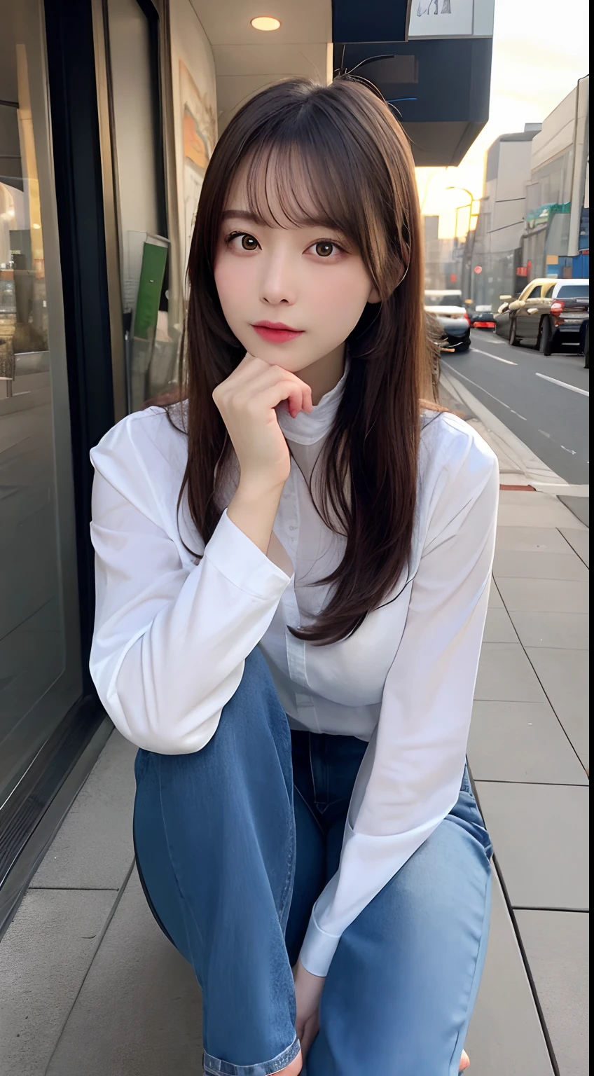 finely detail, hight resolution, hightquality、Perfect dynamic composition, Beautiful detailed eyes, Medium Hair, small tits、Natural Color Lip,Kamimei、Shibuya、20 years girl、1 persons、Transparent skin、Glowing hair、masutepiece, Best Quality, Ultra-detailed, finely detail, hight resolution, 8K、The correct state of the human body、crouching down、Gravure Model Pose,Beautiful sunset,In front of the café,beautiful ilumination,Photographed with hair fluttering in the wind,((White shirt with long sleeve collar:1.5,denim pant:1.5,))