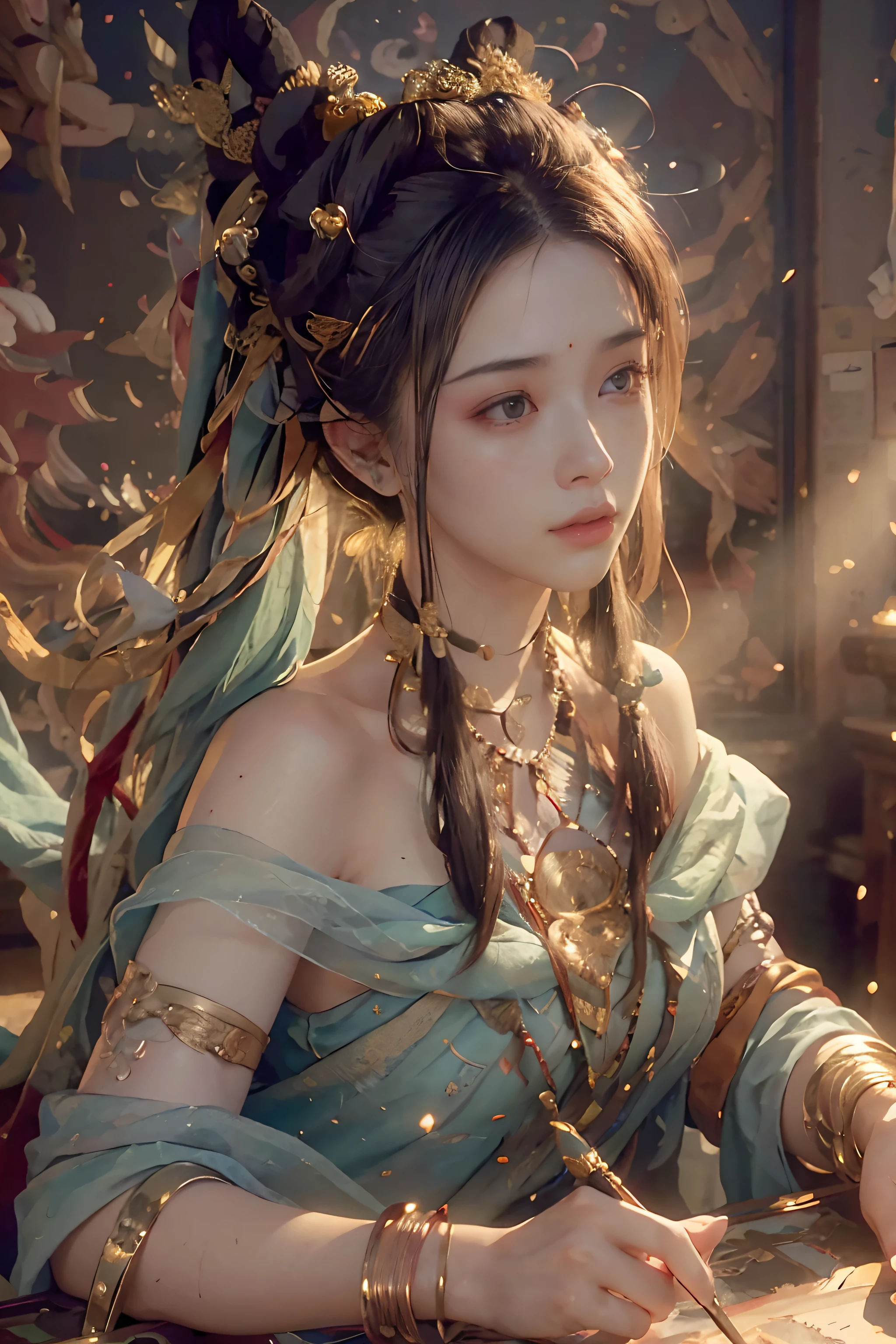 (RAW photo, best quality), (realistic, photo-realistic:1.3),best quality,highly detailed,masterpiece,ultra-detailed,illustration,1girl,upper_body,dynamic angle,world masterpiece theater,messy_long_hair,best quality,extremely detailed CG unity 8k wallpaper,ink,Amazing,cinematic lighting,lens_flare,,dunhuang_style