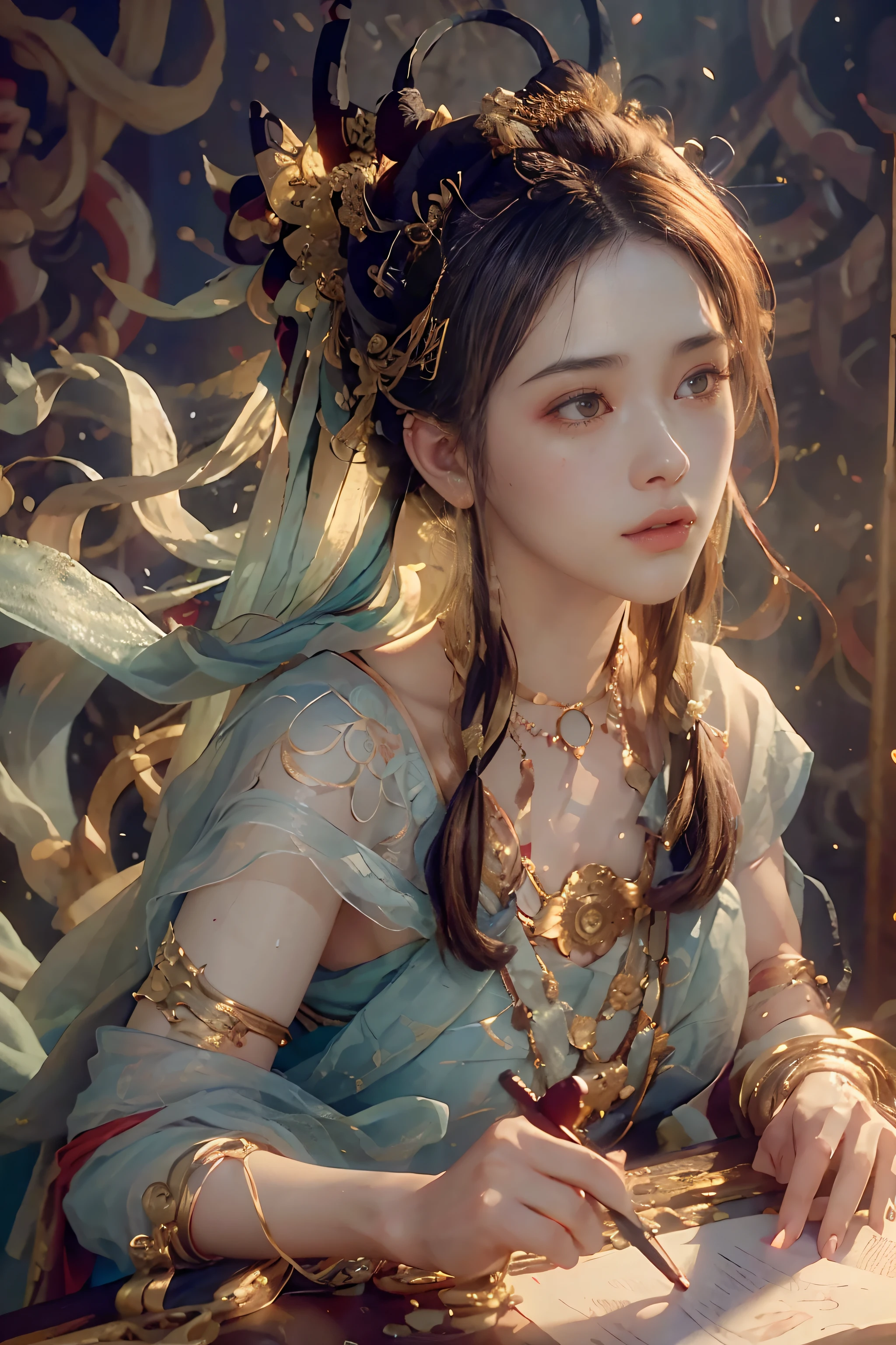 (RAW photo, best quality), (realistic, photo-realistic:1.3),best quality,highly detailed,masterpiece,ultra-detailed,illustration,1girl,upper_body,dynamic angle,world masterpiece theater,messy_long_hair,best quality,extremely detailed CG unity 8k wallpaper,ink,Amazing,cinematic lighting,lens_flare,,dunhuang_style