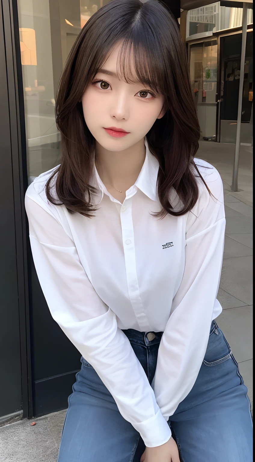 finely detail, hight resolution, hightquality、Perfect dynamic composition, Beautiful detailed eyes, Medium Hair, small tits、Natural Color Lip,Kamimei、Shibuya、20 years girl、1 persons、Transparent skin、Glowing hair、masutepiece, Best Quality, Ultra-detailed, finely detail, hight resolution, 8K、The correct state of the human body、crouching down、Gravure Model Pose,Beautiful sunset,In front of the café,beautiful ilumination,Photographed with hair fluttering in the wind,((White shirt with long sleeve collar:1.5,denim pant:1.5,))
