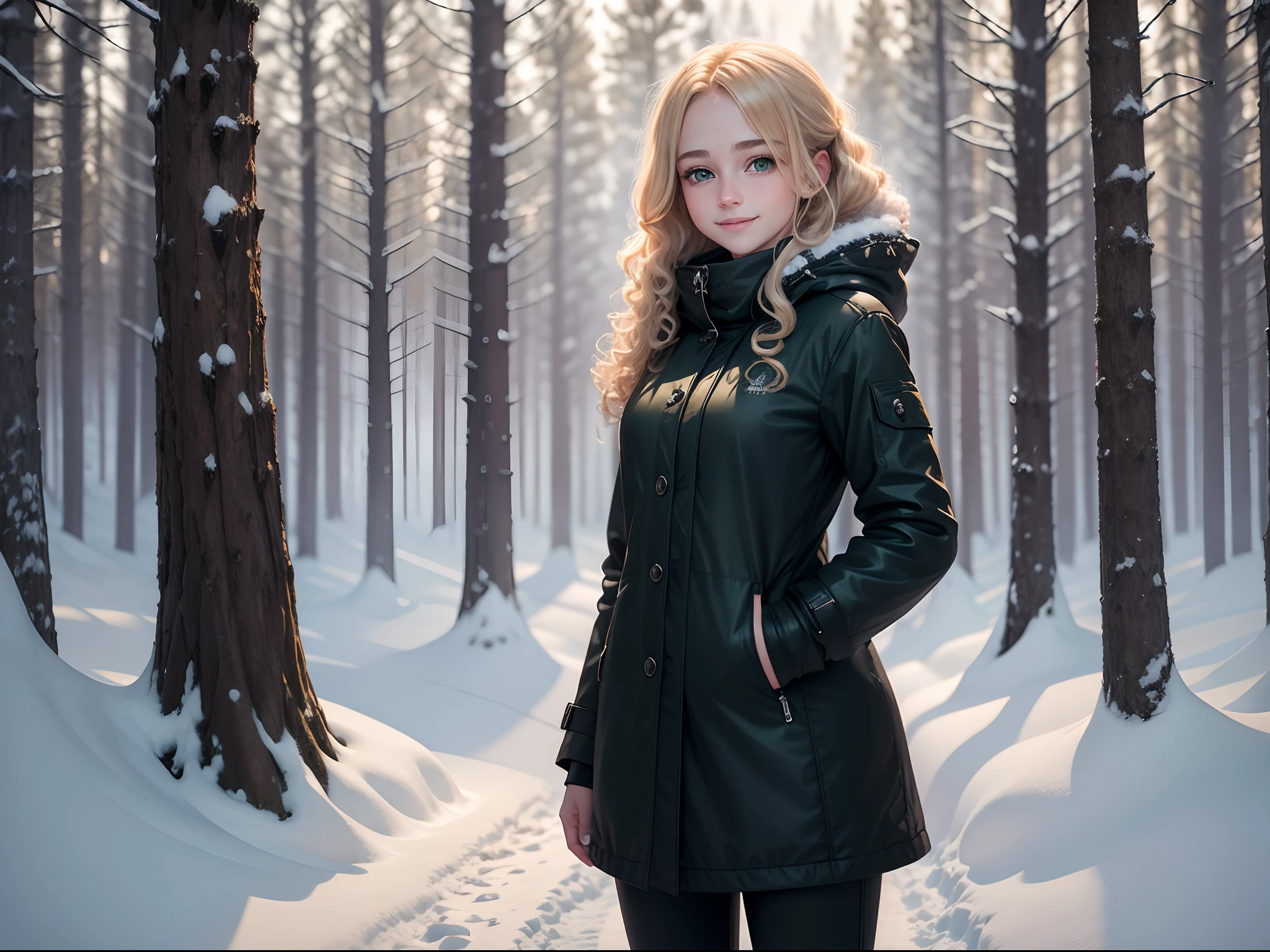 realistic, 8k image of a girl, curly blonde hair, gorgeous, extremely detailed green eyes, dressed in a black coat and black pants, smiling shyly, standing in a clearing in a snow-covered forest, pure expression, Morning , anime style art