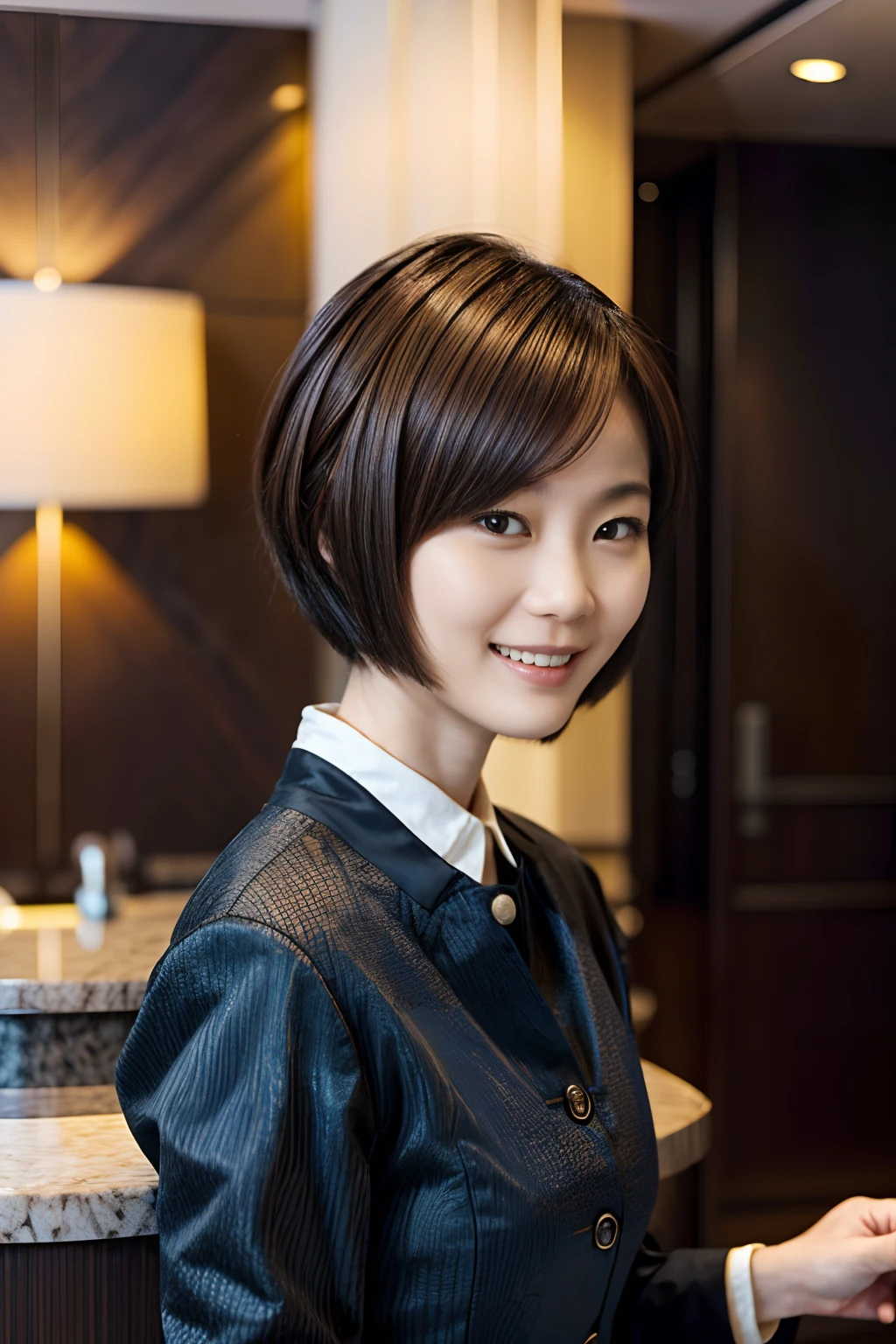 50
(19-year-old woman), (A hyper-realistic), (masutepiece), Short bob cut, Concierge at the hotel reception, kindly smile