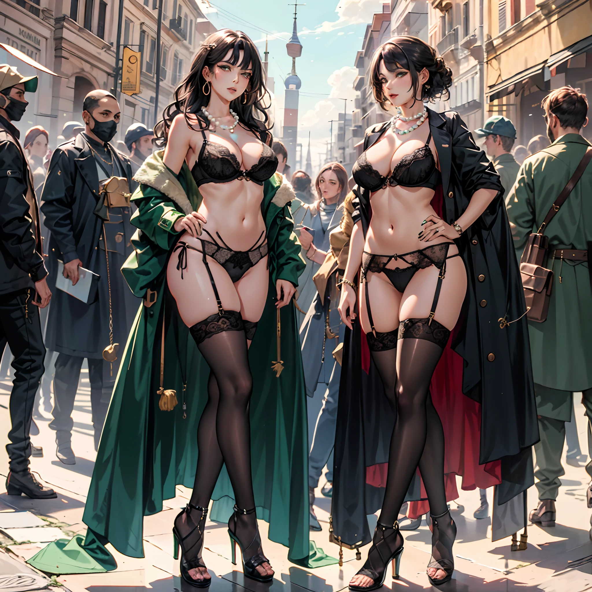 Middle-aged Italian woman,Italian face,Delicatemakeup,y and feminine,Wrinkles at the corners of the eyes,with long coiled hair,Big chest with a strong chest,White pearl necklace,Green lace bra,Green transparent panack lence stockings,black heels,Tall and tall,Stand up