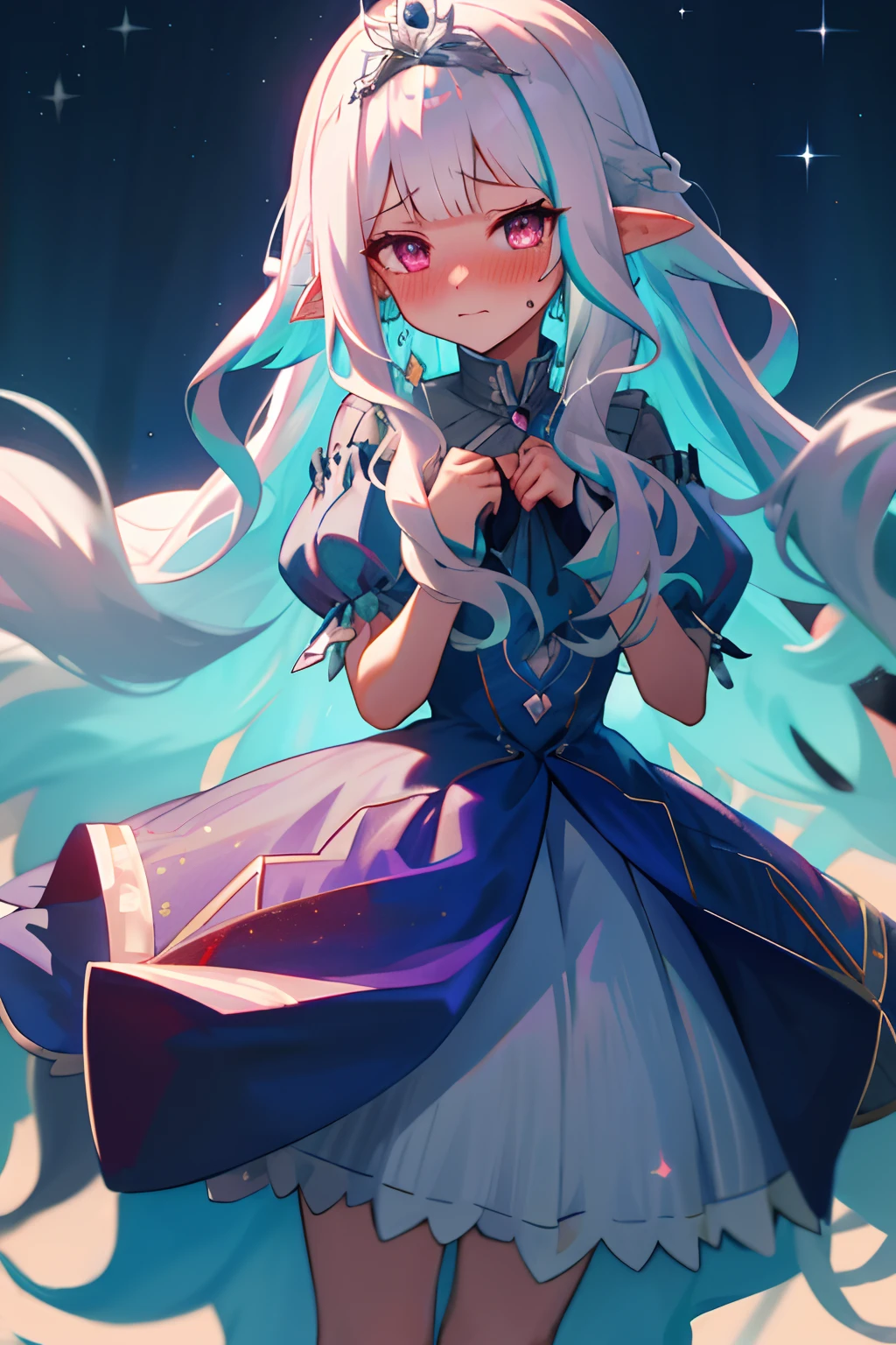 One girl with long wavy hair, white hair, looking at viewer, embarrassed, blushing, tears, outdoor , princess dress, tiara, pointy ears, perfect waist, castle, standing, hair ornament, eyeliner, thigh, hair ribbon, night atmosphere, night sky, stars