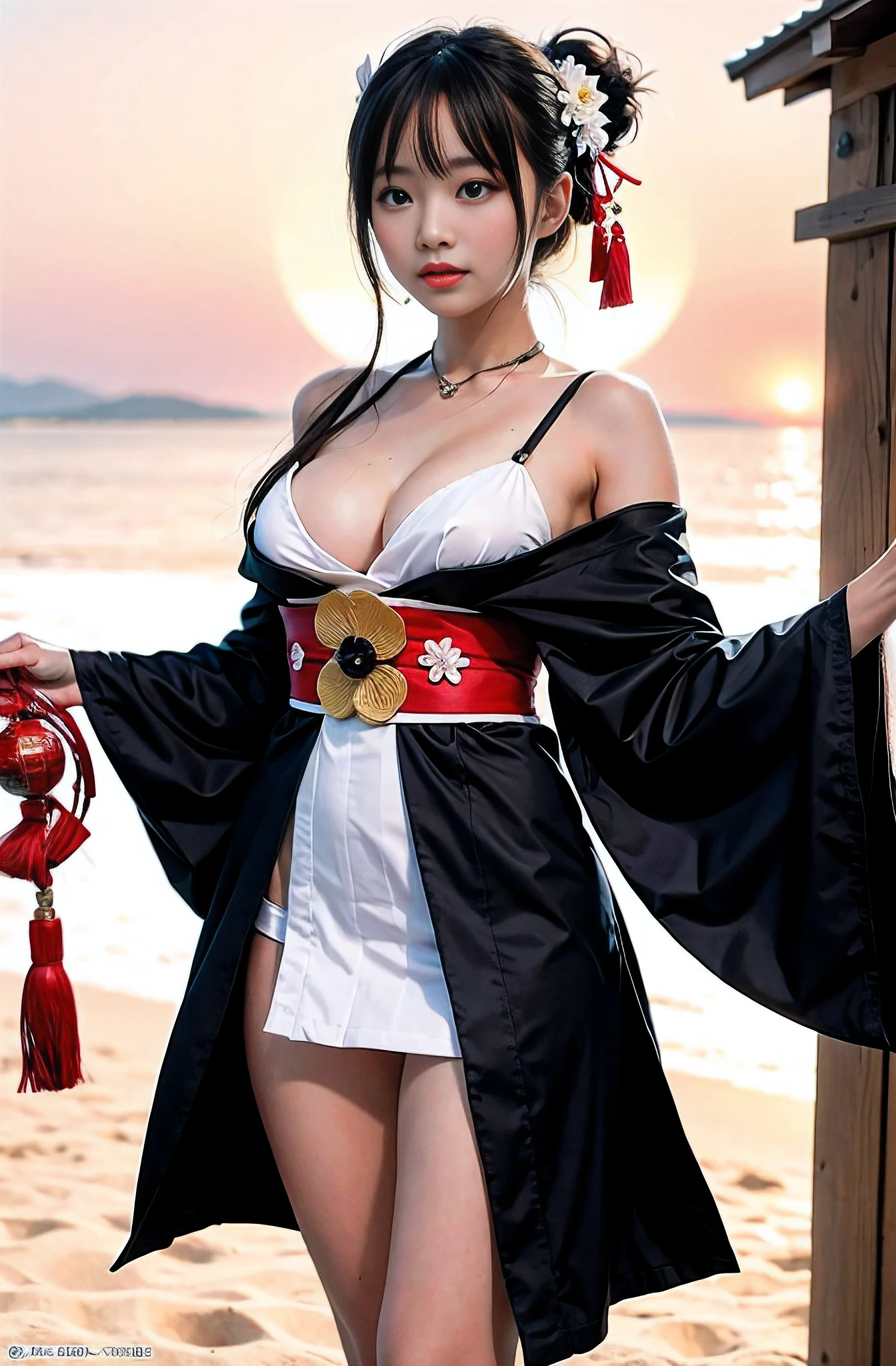 top-quality,ultra-definition,accurate depiction,realisitic,a picture,japanes,goddess of Japan,kawaii,smil,(Perfect body,flawless skin),Heavenly Woman Pose,shrine maiden,Hakama,Natural standing,large full breasts,hposing Gravure Idol,Young Sensual Gravure Idol,A slender,sand beach,(nigh sky,starrysky),masutepiece