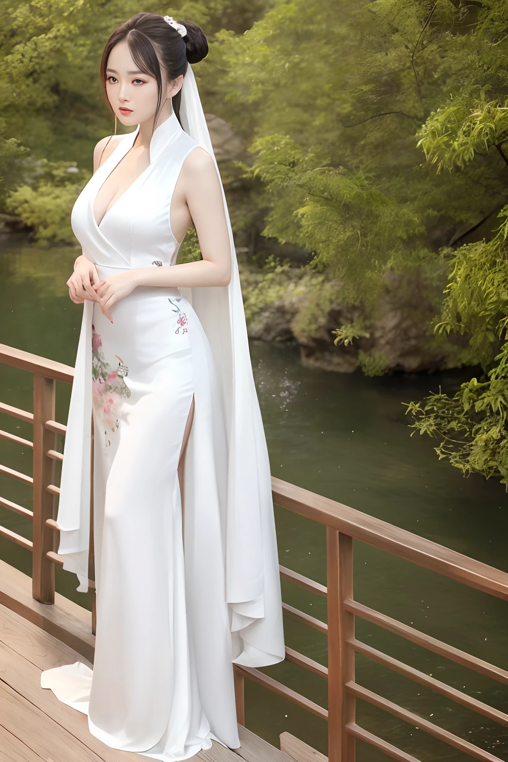 Beautiful Chinese woman in Han costume standing on a wooden railing, White Hanfu, Wearing a white silk sleeveless low-cut robe, Yang Mi faced，with acient chinese clothes, Ethereal beauty, Wearing a luxurious silk robe, wearing a long flowing robe，hand holding oil-paper umbrella