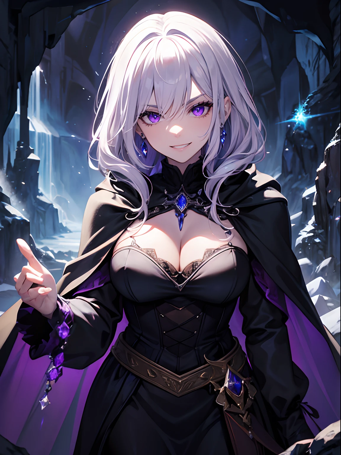 Masterpiece, close up, fantasy world, medieval setting, cave, dark, ice cave, ice, adult woman, evil, witch, purple eyes, white hair, medium messy hair, wicked grin, narrowed eyes, black cloak, jewelry, cleavage, black cape