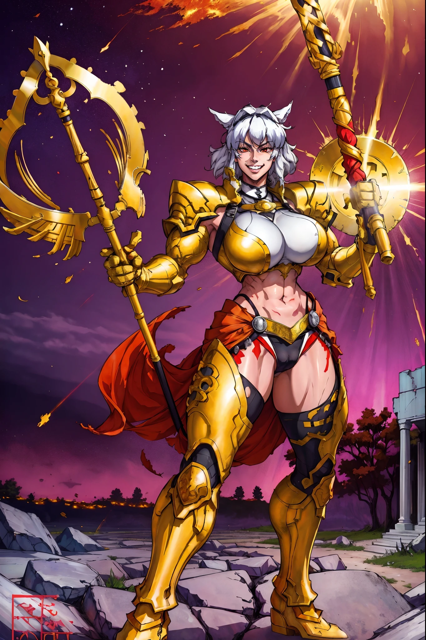 4k, highly detailed, anime style, HDR, subsurface scattering, in a temple, temple being destroyed, Greek temple on fire background, (masterpiece, best quality:1.2), caenis,( fgo stage 3), 1girl, big breasts, looking at fires, smile, short hair, white hair, bangs, red eyes, animal ears, open clothes, hairband, grin, (gold armor), body markings, white nails, epic scene, tall girl,full body, darskinned-female, , standing, musclegirl, forest, staff holding, posing,light aura