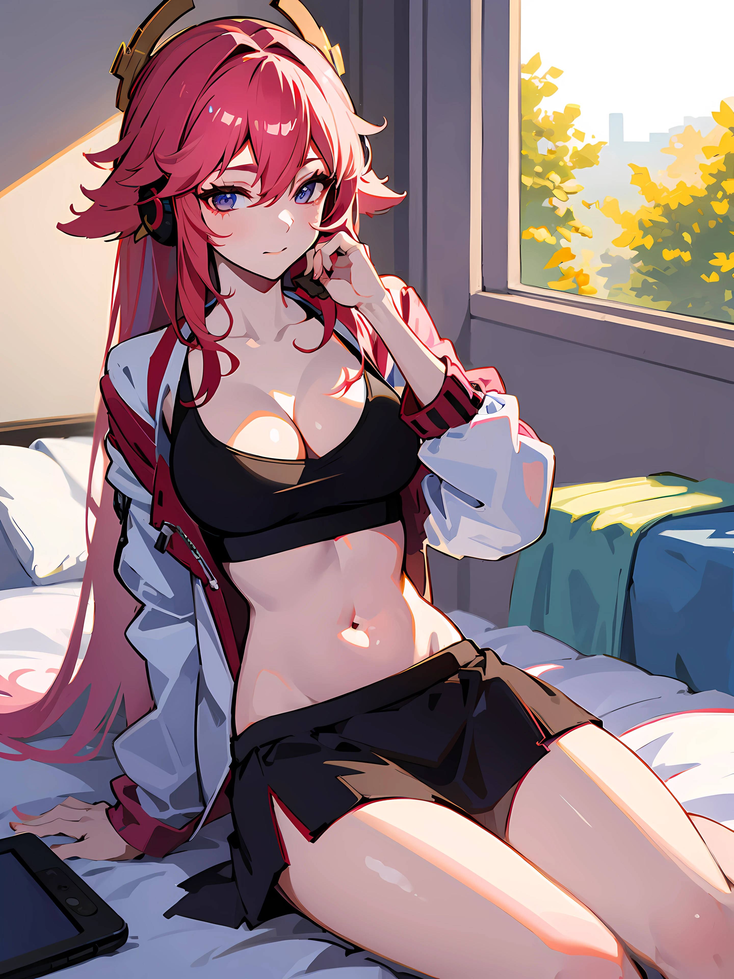girl, long hair, messy hair, open jacket, white shirt, midriff peek, cleavage, collarbone, medium breasts, thighs, large breasts, navel, stomach, black skirt, thighs, sitting on bed, listening music, headphones, smartphone on the bed, bedroom scenery, sunlight through window, ray tracing, masterpiece, 8k, ultra detailed, ultra realistic