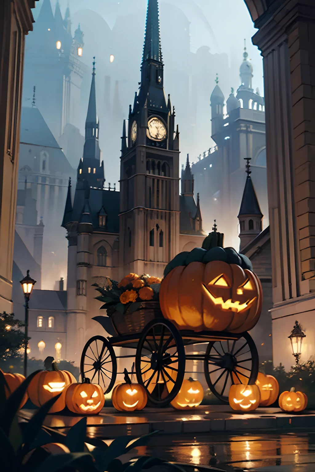 masterpiece, best quality, 1man, pumpkin carriage, fantasy