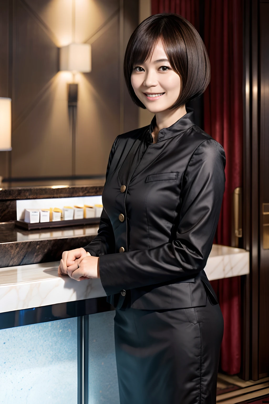 50
(19-year-old woman), (A hyper-realistic), (masutepiece), Short bob cut, Concierge at the hotel reception, kindly smile