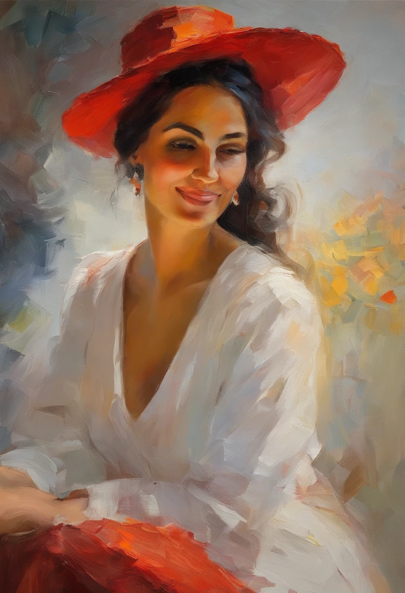 Female portrait, Very beautiful woman, cabellos largos dorados, Smiling eyes, Look straight at the perspective, Low-cut white dress, Red Hat, acrycle painting, Bold and expressive brushstrokes, Impressionistic style, Detailed face, Epic background, Professional lighting and shadows, fine art painting, Liu Junyi