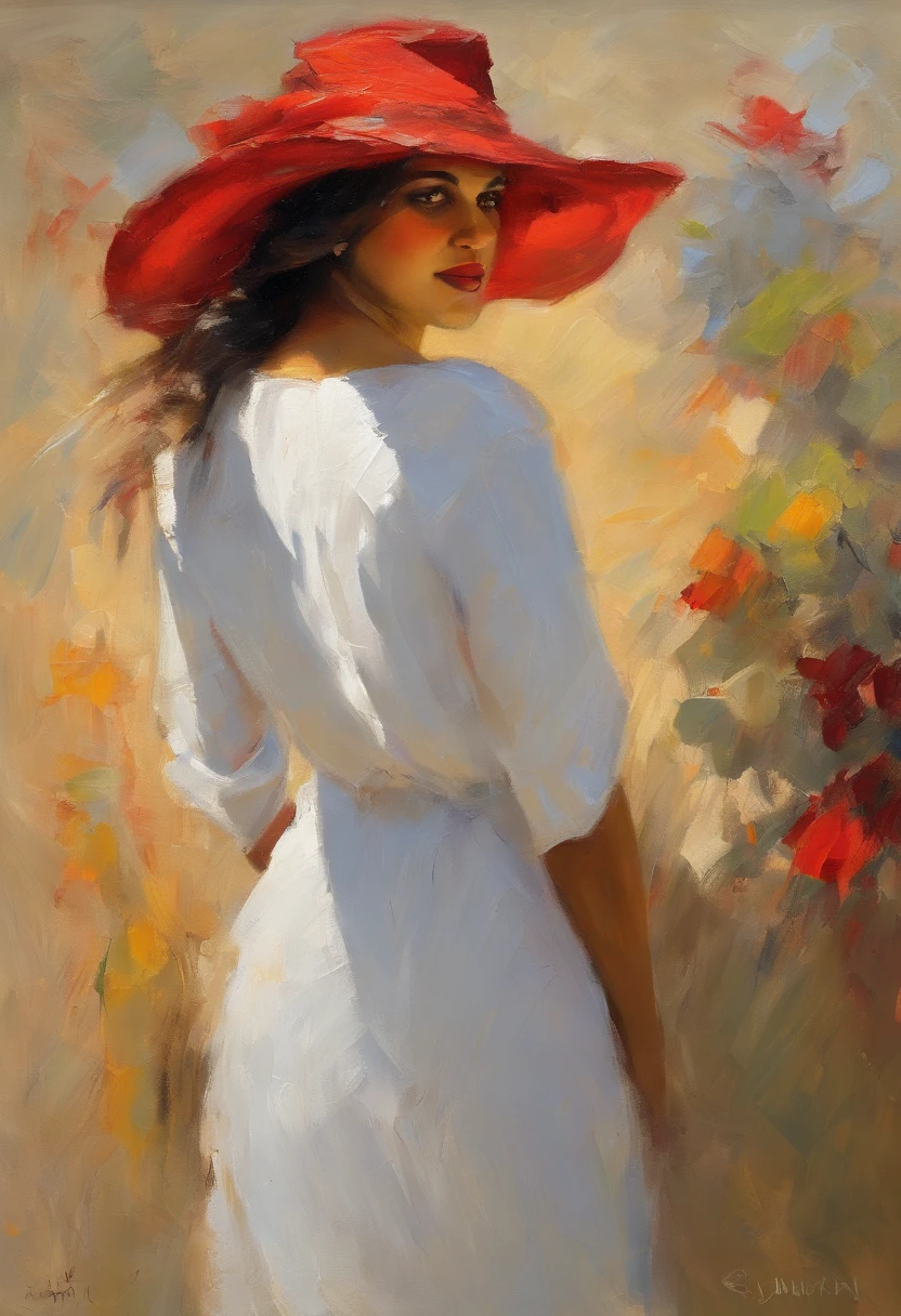 Female portrait, Very beautiful woman, cabellos largos dorados, Smiling eyes, Direct perspective, Low-cut white dress, Red Hat, acrycle painting, Bold and expressive brushstrokes, Impressionistic style, Detailed face, Epic background, Professional lighting and shadows, fine art painting, Liu Junyi