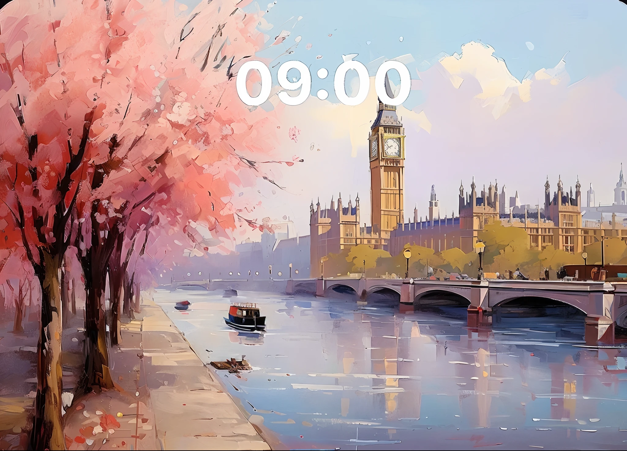 A river painted with a bell tower and a bridge, 8 K HD detailed oil painting, digital art h 9 6 0, Beautiful art UHD 4 K, artwork of a, beautiful art, trending on artstration, Beautiful artwork, detailed 4 k oil painting, Big Ben is in the background, spring morning, stunning painting, a beautiful painting